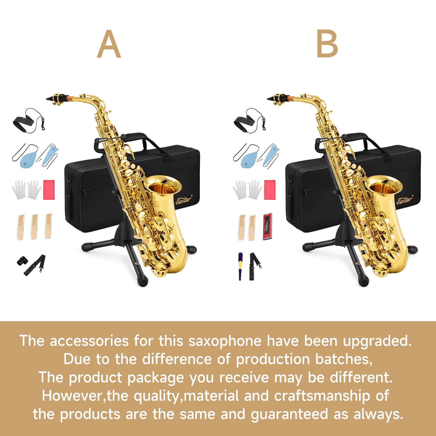 Eastar AS-? Student Alto Saxophone E Flat Gold Lacquer Alto Beginner Sax Full Kit With Carrying Sax Case Mouthpiece Straps Reeds