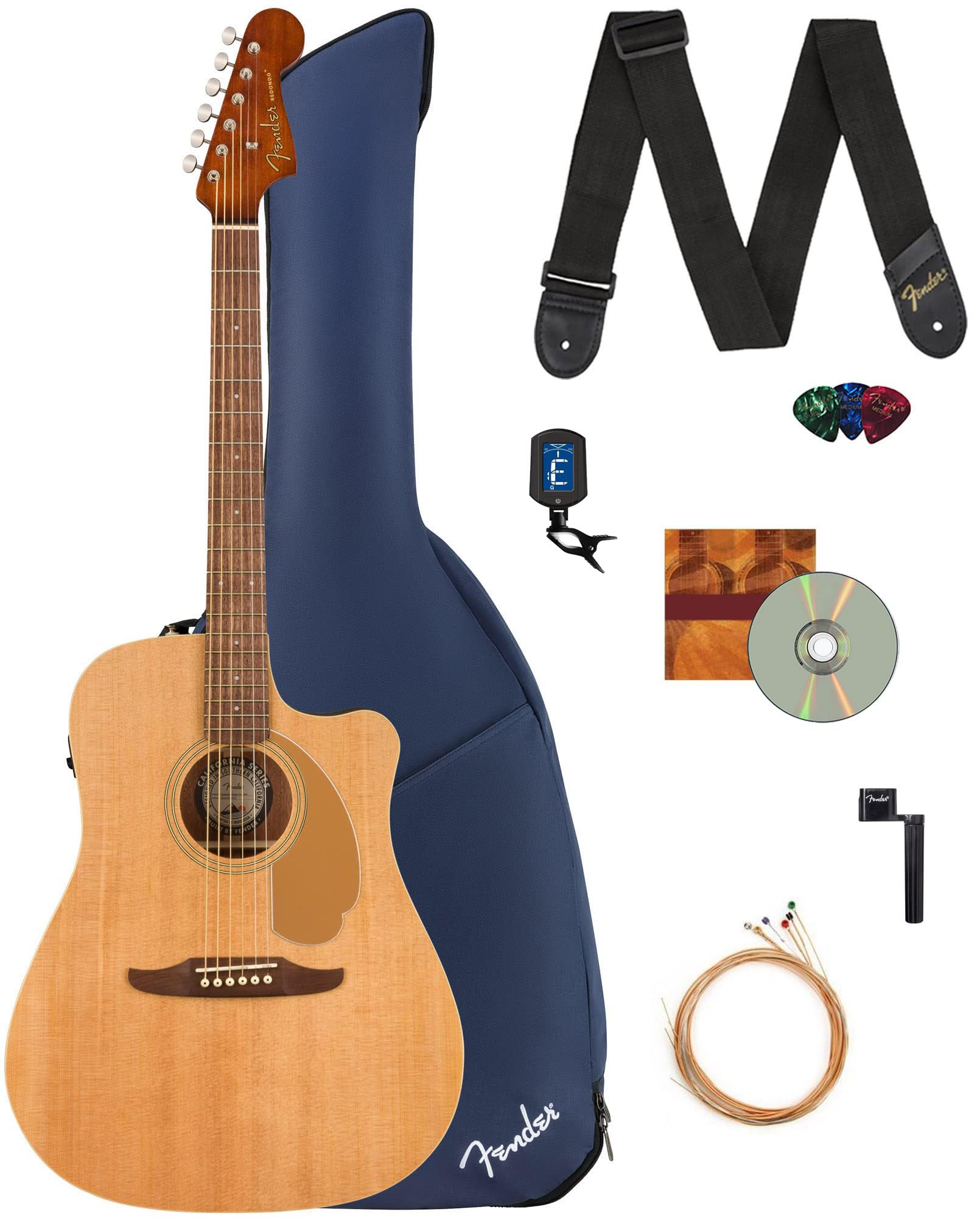 Fender Redondo Player Acoustic Electric Guitar Bundle With Midnight Blue Gig Bag, Strap, Clip-On Tuner, Strings, String Winder,
