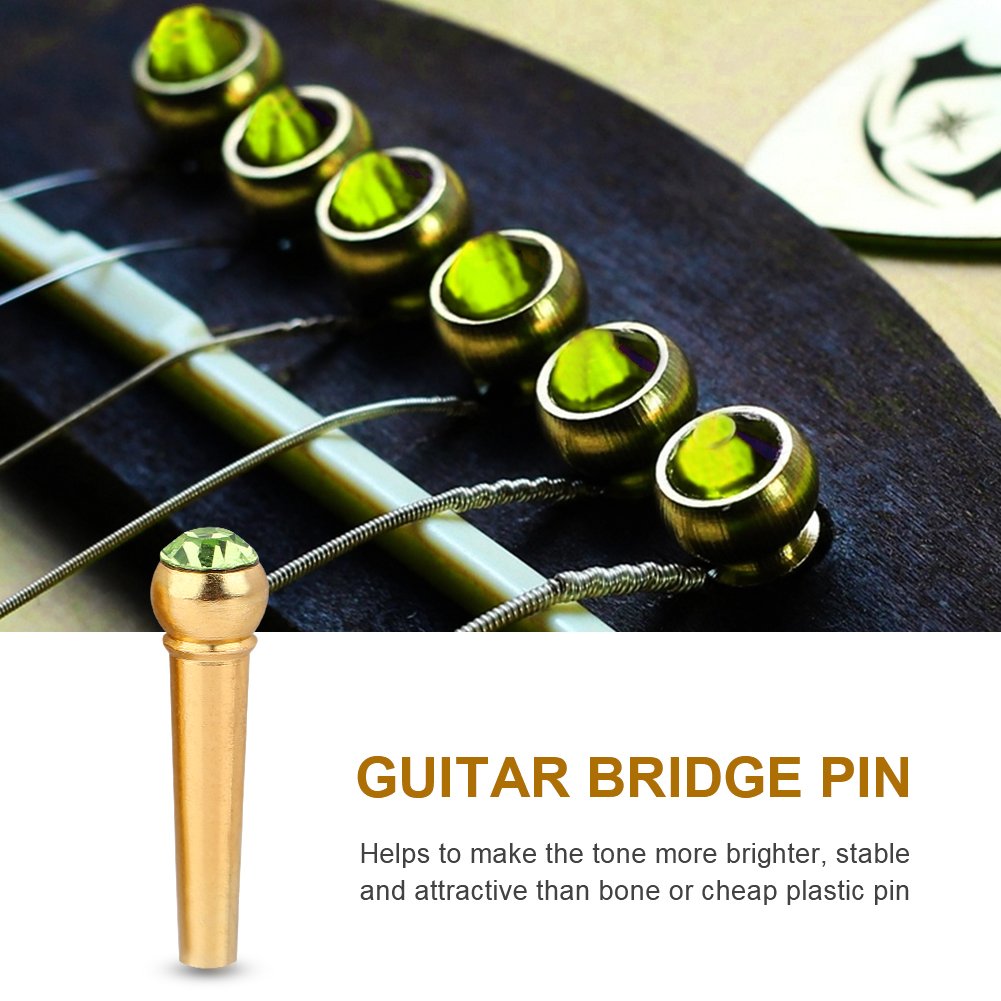 6Pcs Bridge Pin Copper Material Folk Acoustic Guitar Bridge Pin Peg Nail with Colorful Crystal Glass Dot(Green)