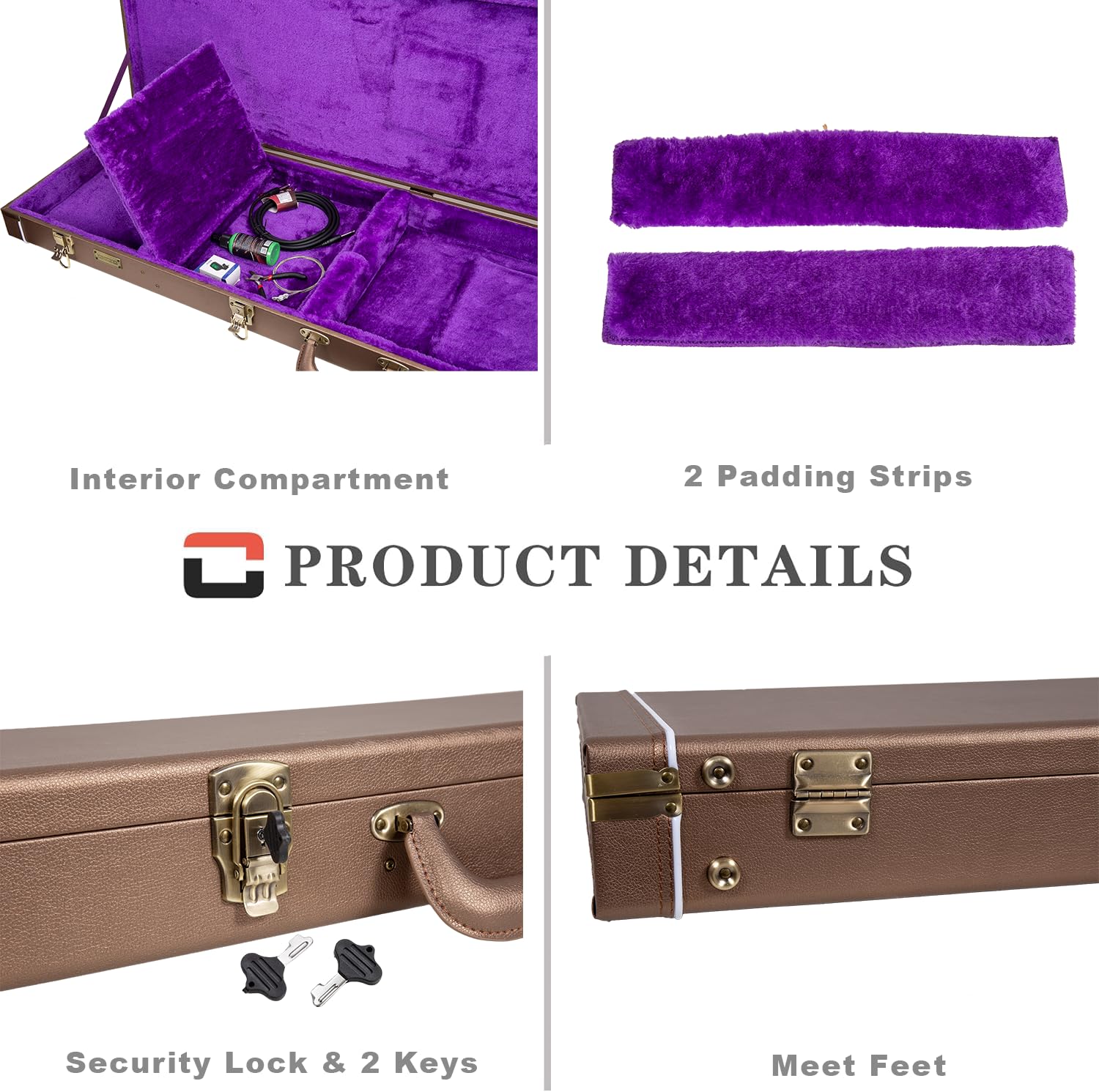 Crossrock Wooden Bass Guitar Case for Fender Precision & Jazz | Chocolate Brown Finish, Purple Velvet Interior, Lock - Designer