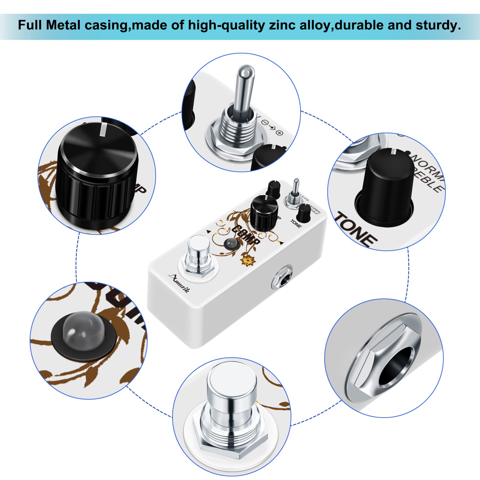 Amuzik Guitar Compressor Effect Pedal Analog Vintage Ultimate Compression 2 Modes Comp Effect Pedals for Electric Guitar True By