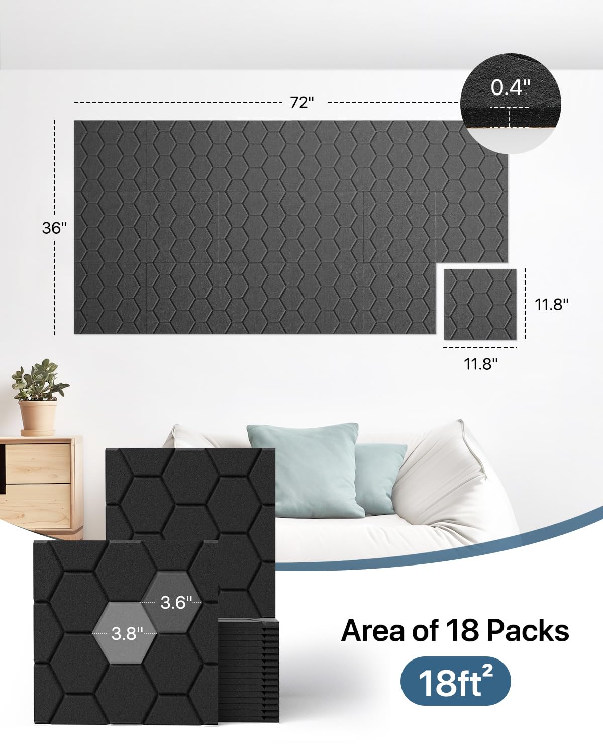 Sound Proof Foam Panels for Walls, Kuchoow Acoustic Panels Sound Absorbing, 18 Pack High Density Soundproof Wall Panels Self Adh