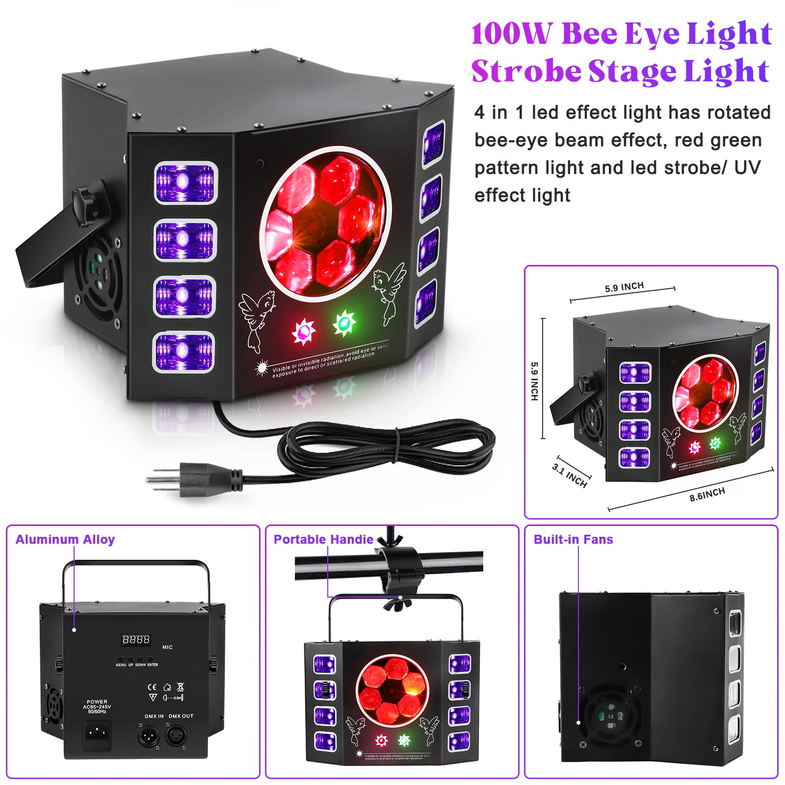 Dj Lights 100W Bee Eye UV Strobe Stage Light LED Sound Activated Rave Light, 14 CH DMX512 and Remote Control for Halloween Birth