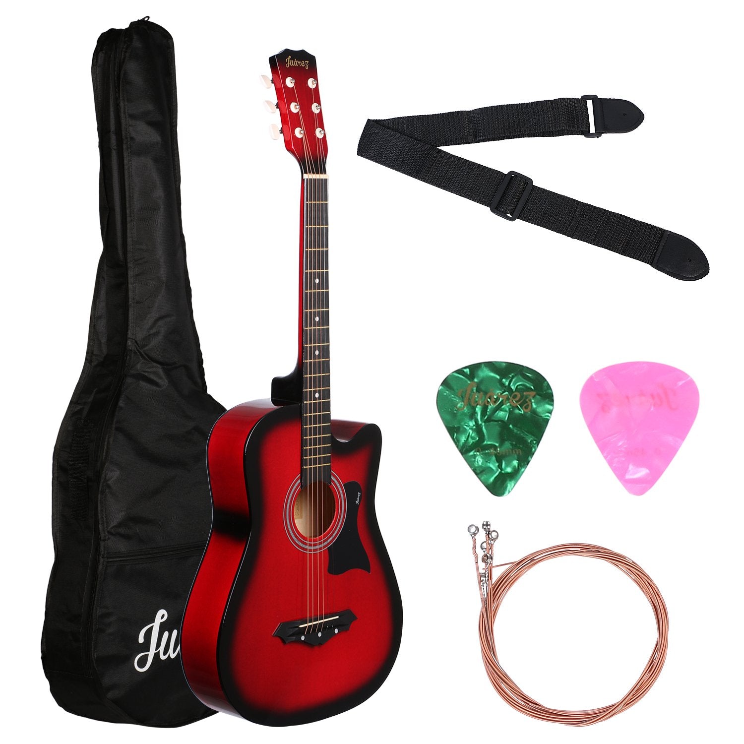 Jurez Acoustic Guitar, 38 Inch Cutaway, 038C with Bag, Strings, Pick and Strap, Black (Acoustic Guitar Kit, Red Sunburst)
