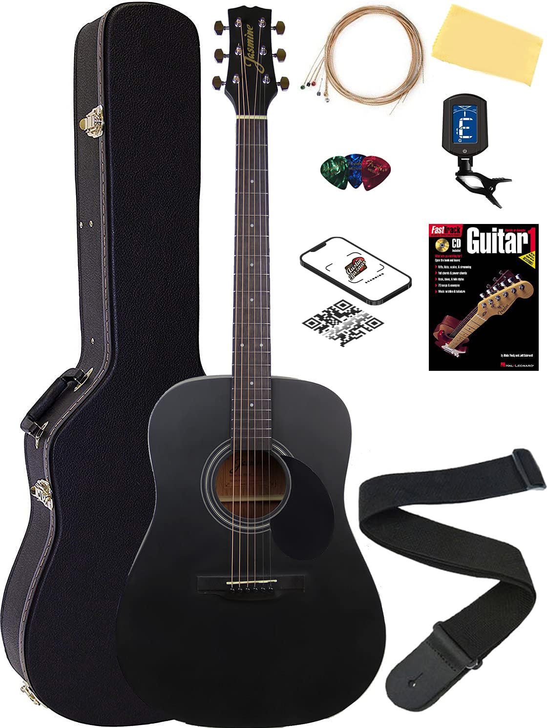 Jasmine S35 Dreadnought Acoustic Guitar - Matte Black Bundle With Hard Case, Strings, Tuner, Strap, Picks, Instructional Book, A