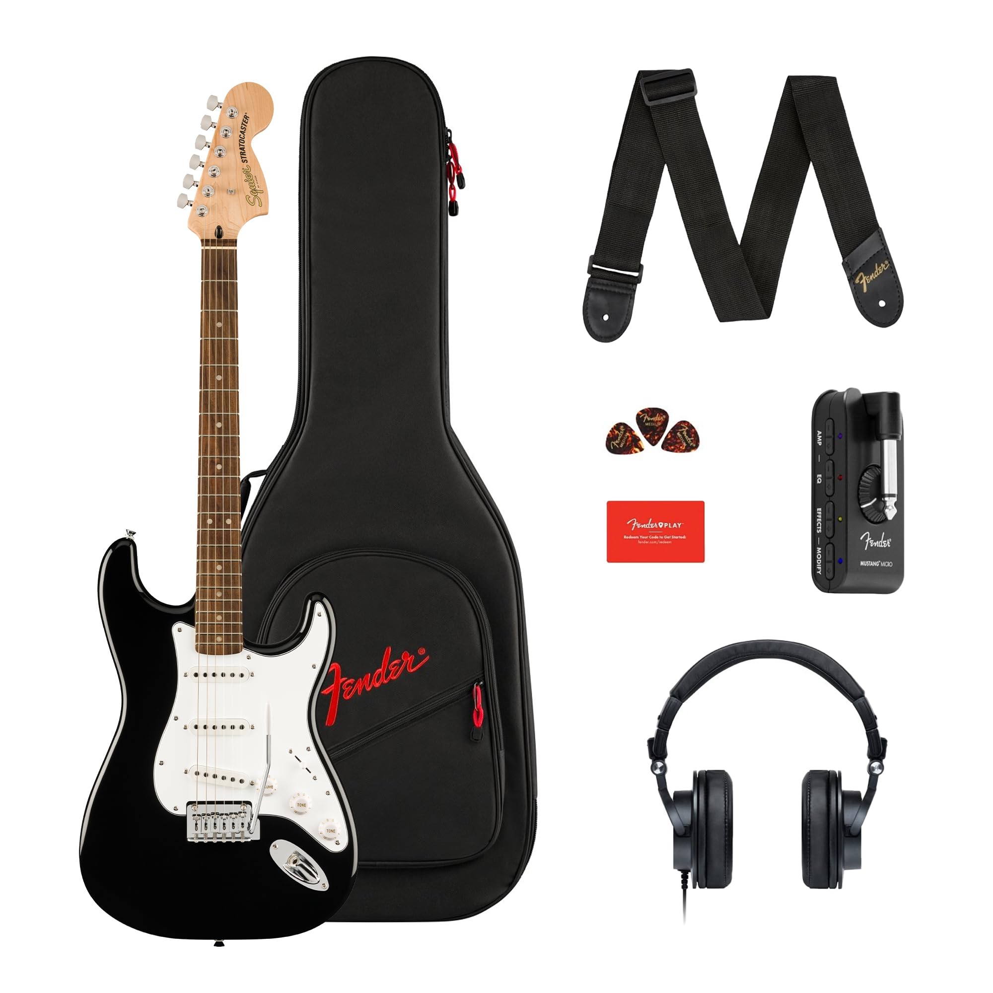 Fender Affinity Series Stratocaster Mustang Micro Pack, Laurel Fingerboard, Black, Gig Bag, HD9, US, CA, EU, AU, JP