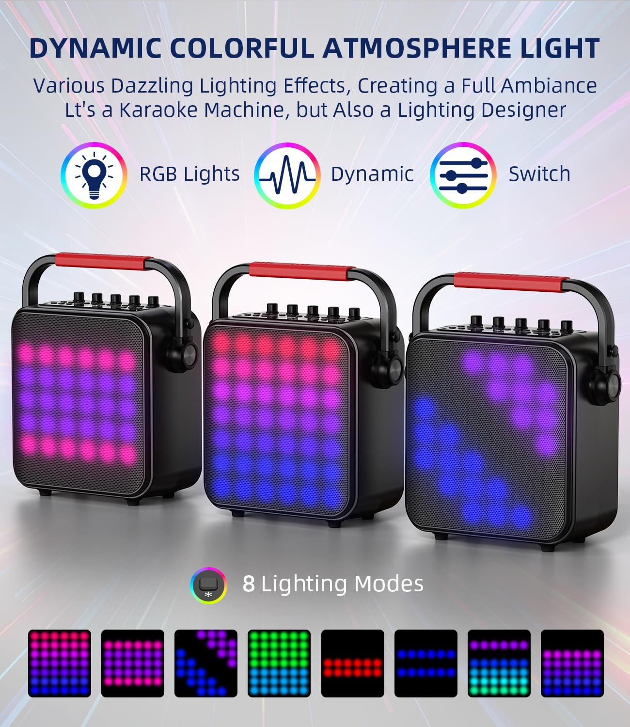 Karaoke Machine for Adults & Kids with Full-Screen LED Lights, Portable BT Speaker with 2 Microphones, Bass/Treble Adjustment, S