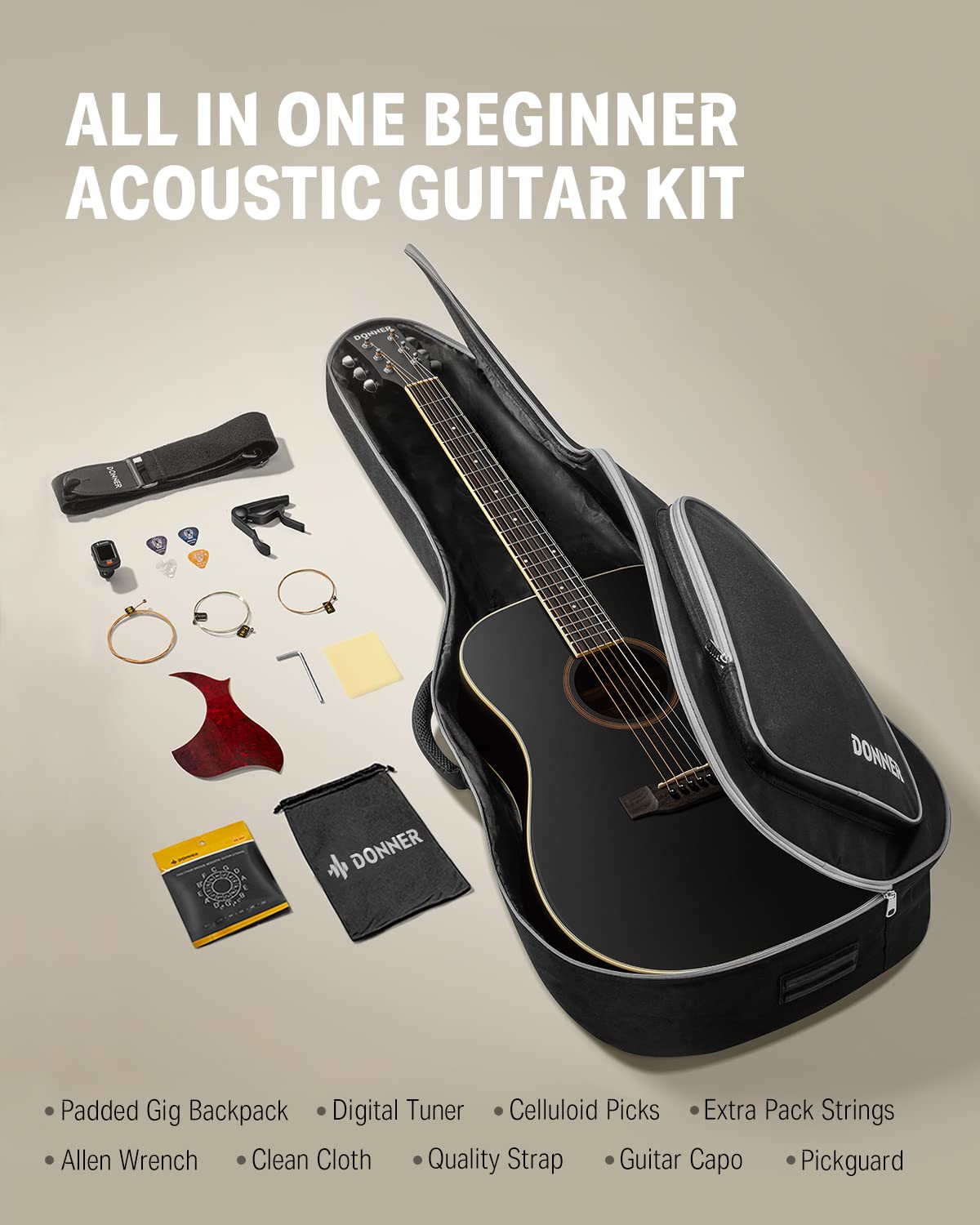 Donner 41'' Full Size Acoustic Guitar - Complete Beginner Kit for Adults, Teens with Free Online Lesson, Dreadnought Acustica Gu