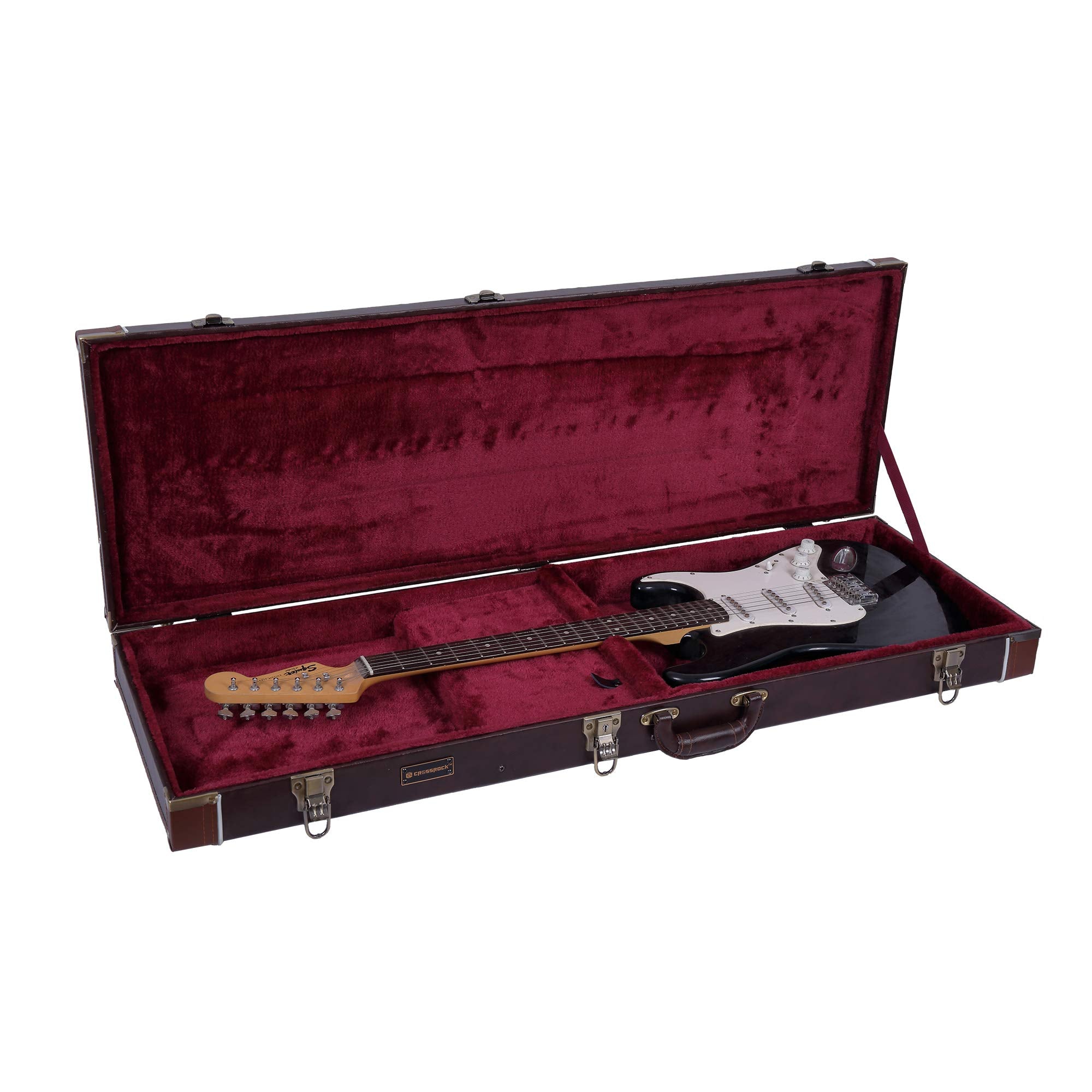 Crossrock Electric Guitar Wood Case Fits Fender Telecaster and Stratocaster-Brown (CRW600EBR)