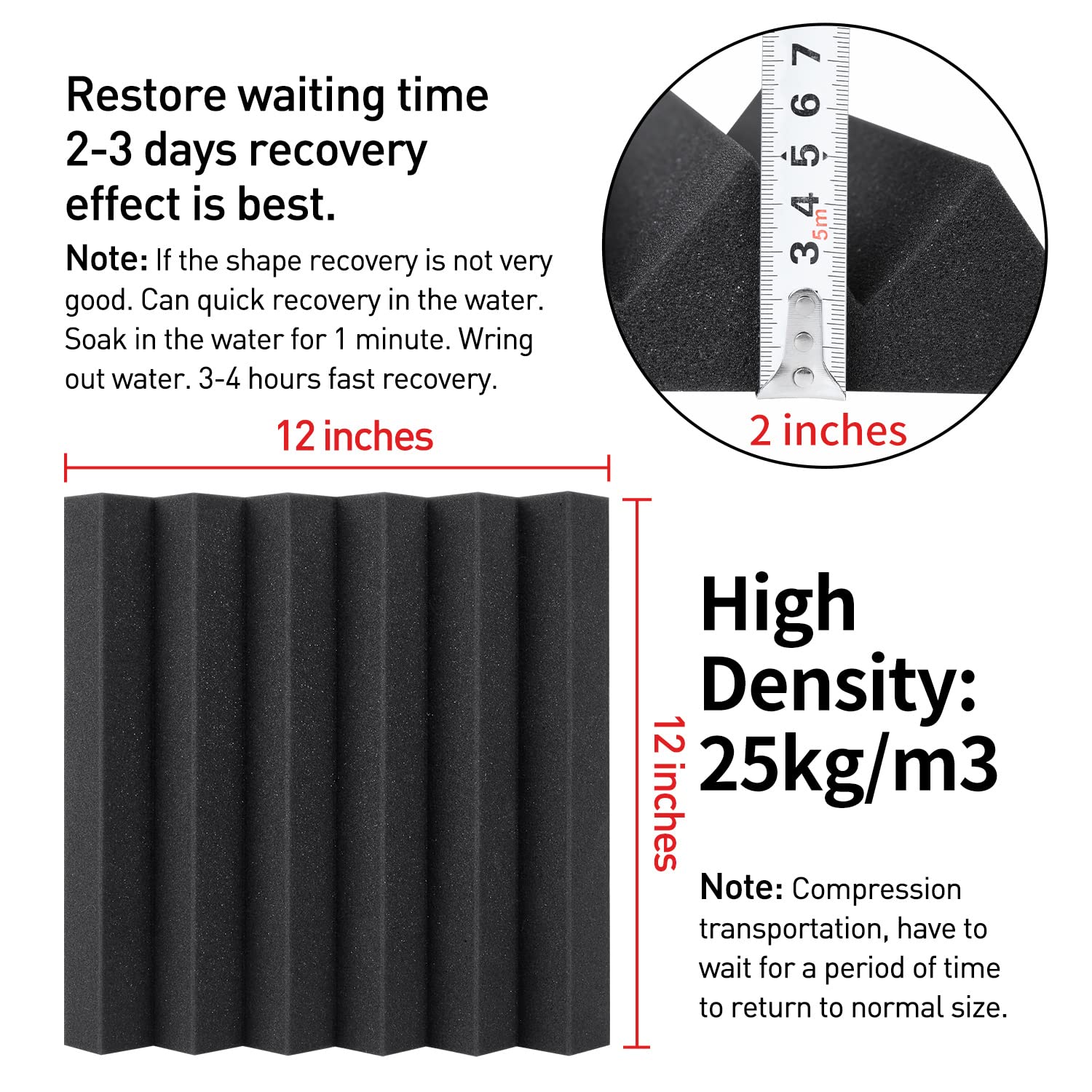 Focusound 50 Packs Acoustic Foam Panels Wedge 2'' X 12'' X 12'', Soundproofing Foam Noise Cancelling Foam with 300 PCS Double-Si