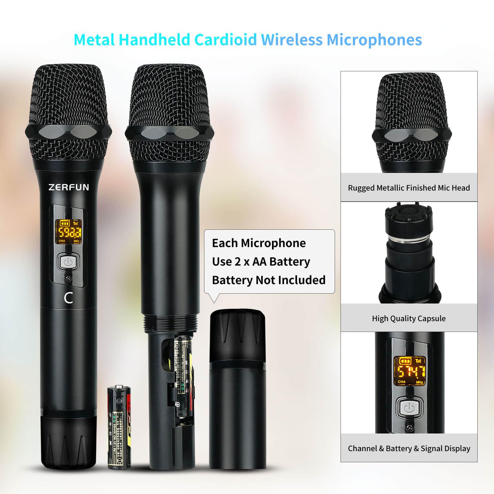 ZERFUN Pro Wireless Microphone System 4 Channel, UHF Metal Cordless Handheld Mics with Echo Bluetooth for Church Karaoke Singing