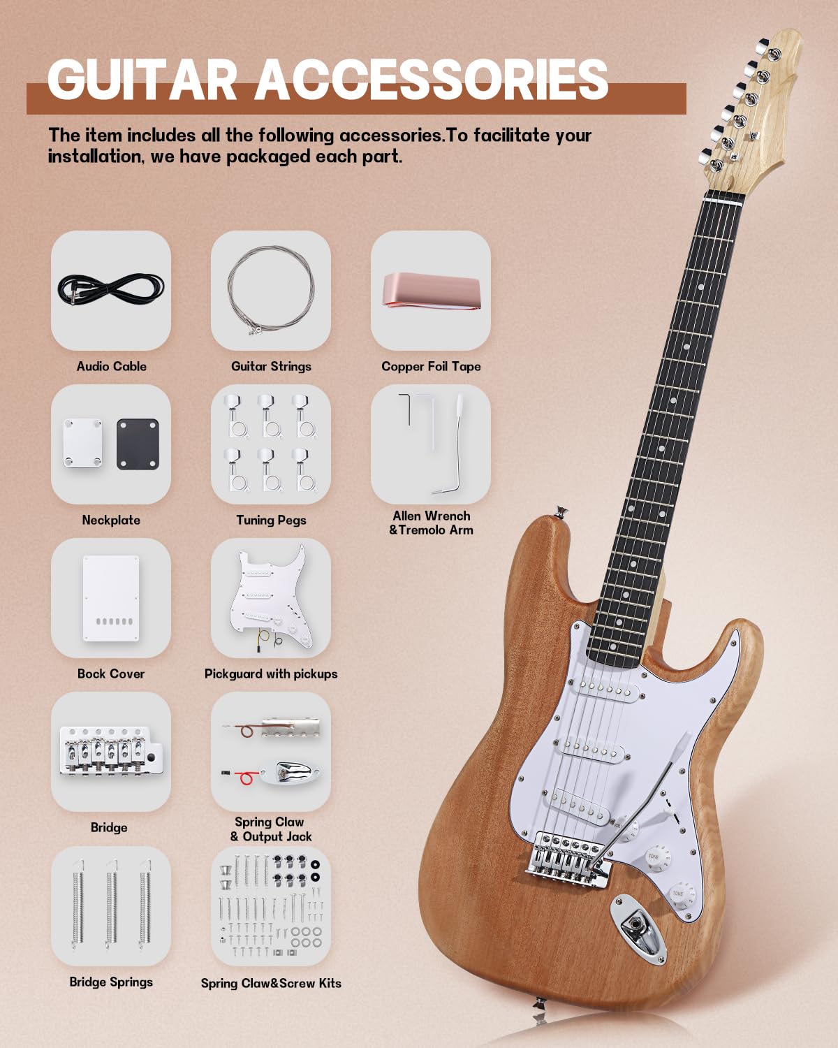 Leo Jaymz DIY ST Style Electric Guitar Kits with Mahogany Body and Maple Neck - Sail Shaped Headstock - Ebony Fingerboard and Al