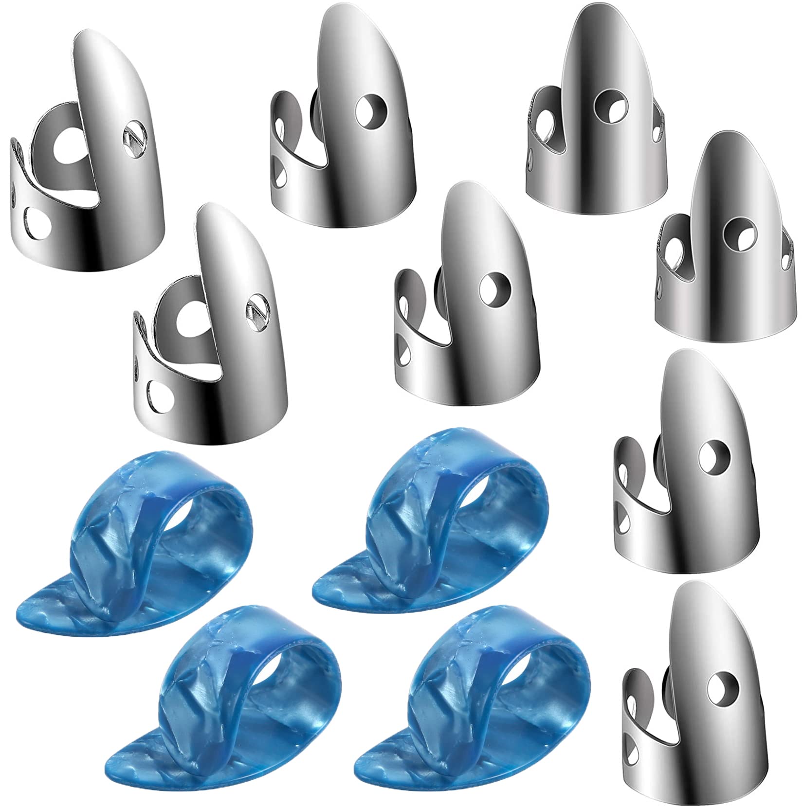 12Pcs Adjustable Finger Thumb Picks Set Includes 8Pcs Silver Stainless Steel Finger Picks And 4Pcs Plastic Thumb Picks For Guita