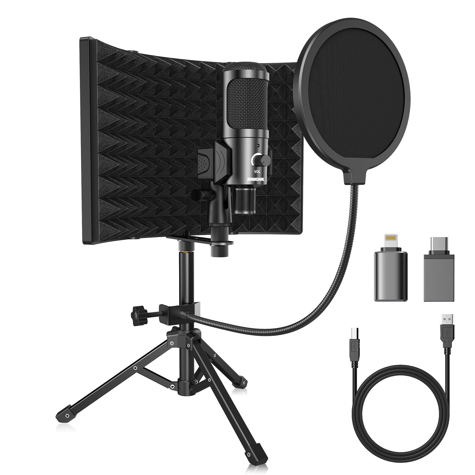 Riworal Studio Recording Microphone Isolation Shield with Pop Filter and Metal Tripod Stand USB Condenser Mic to PC Laptop Smart