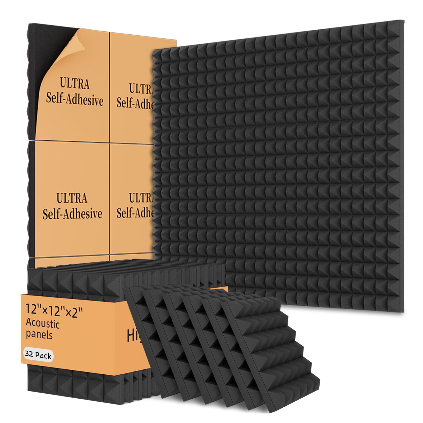 32 Pack Acoustic Foam Panels,12X12X2 Inches Sound Proof Foam Panels For Walls, Fast Expand Pyramid Designed High Density Sound P