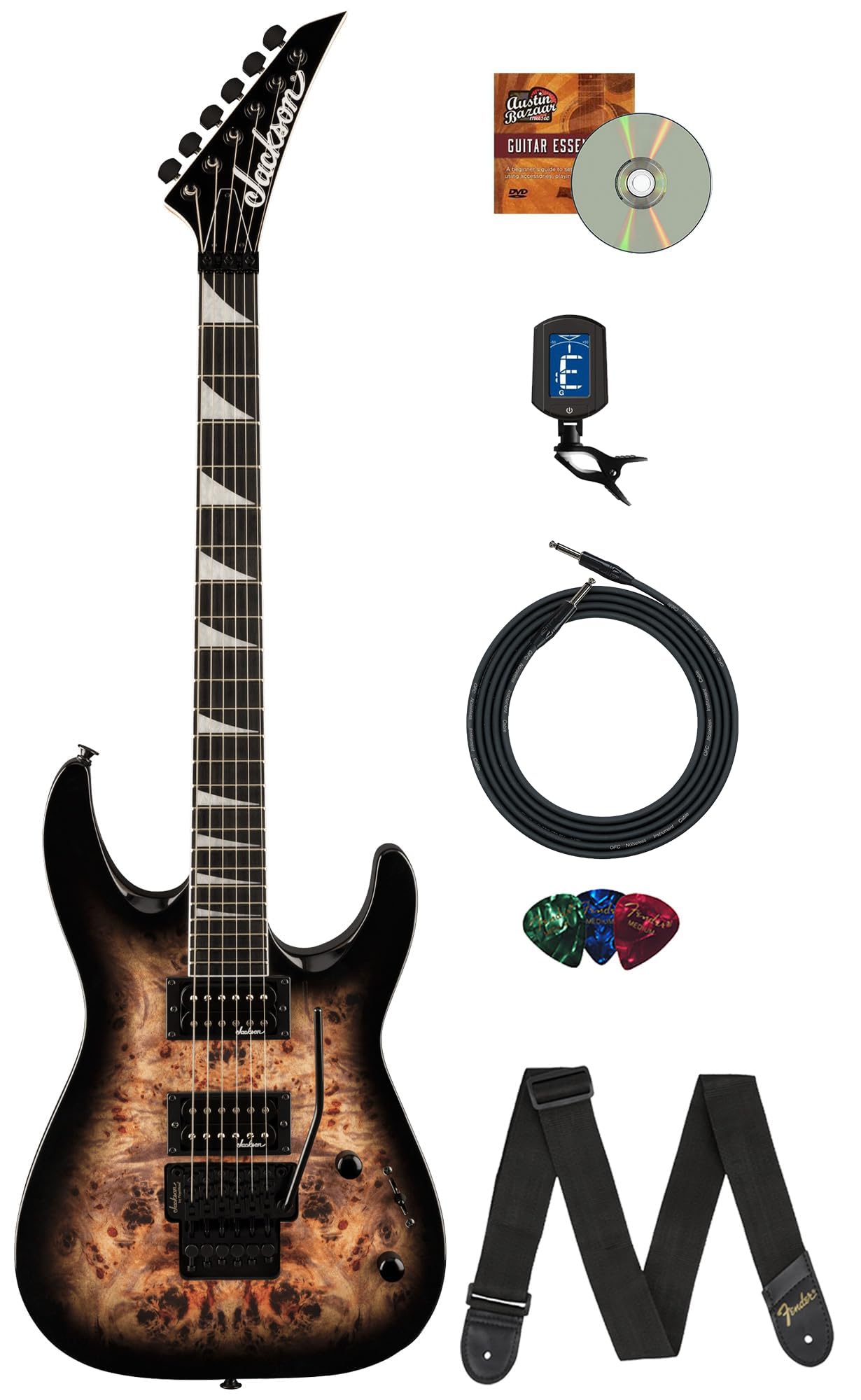 Jackson Js Series Dinky Js32 Dkap Transparent Black Burst Bundle With Cable, Tuner, Strap, Picks, And Austin Bazaar Guitar Dvd