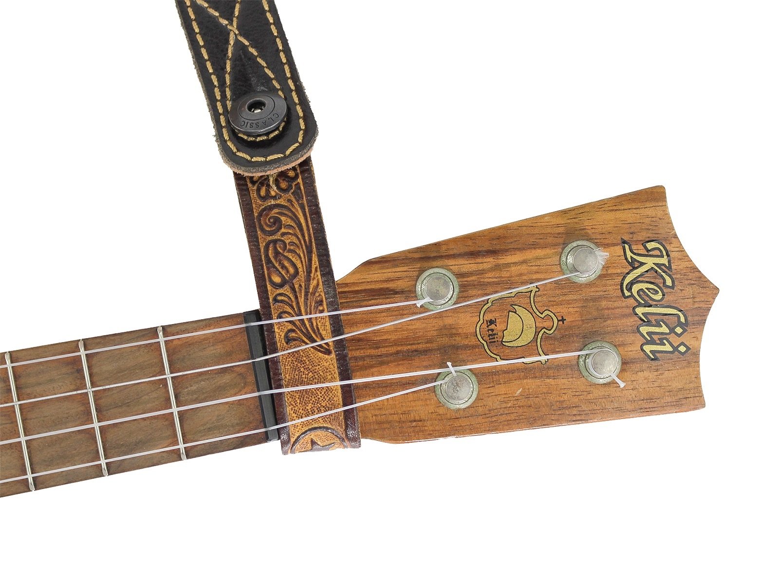 Walker & Williams AT-2 Brown Carving Leather Acoustic Guitar Strap Button Headstock Adaptor For Acoustic, Electric, And Bass Gui