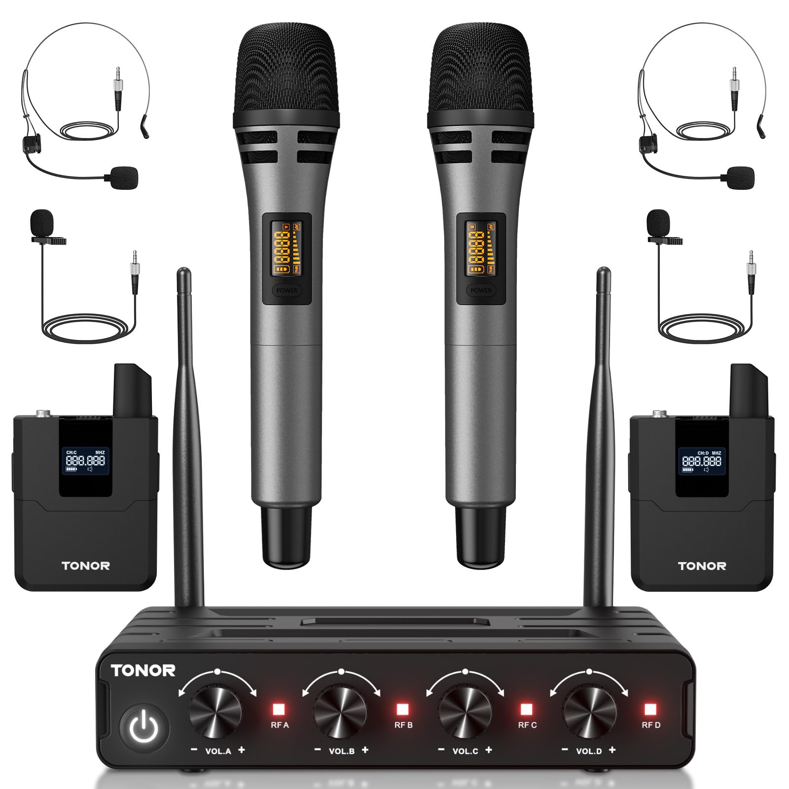 Tonor Wireless Microphone System, 4 * 10-Channel Uhf Cordless Handheld Mic Set With Headset/Lavalier Lapel Mics, Bodypack Transm