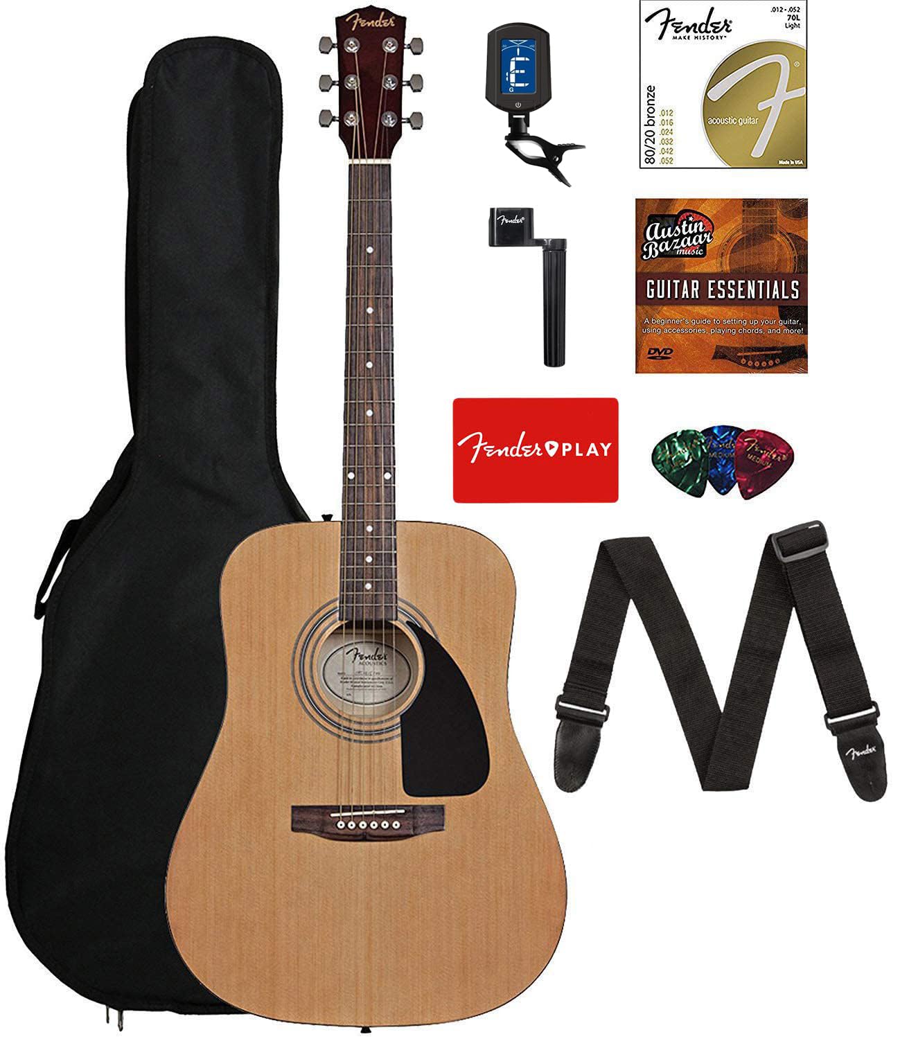 Fender 0950816021-Combo-Dlx Acoustic Guitar Bundle With Gig Bag, Tuner, Strings, Strap, Picks, Austin Bazaar Instructional Dvd,