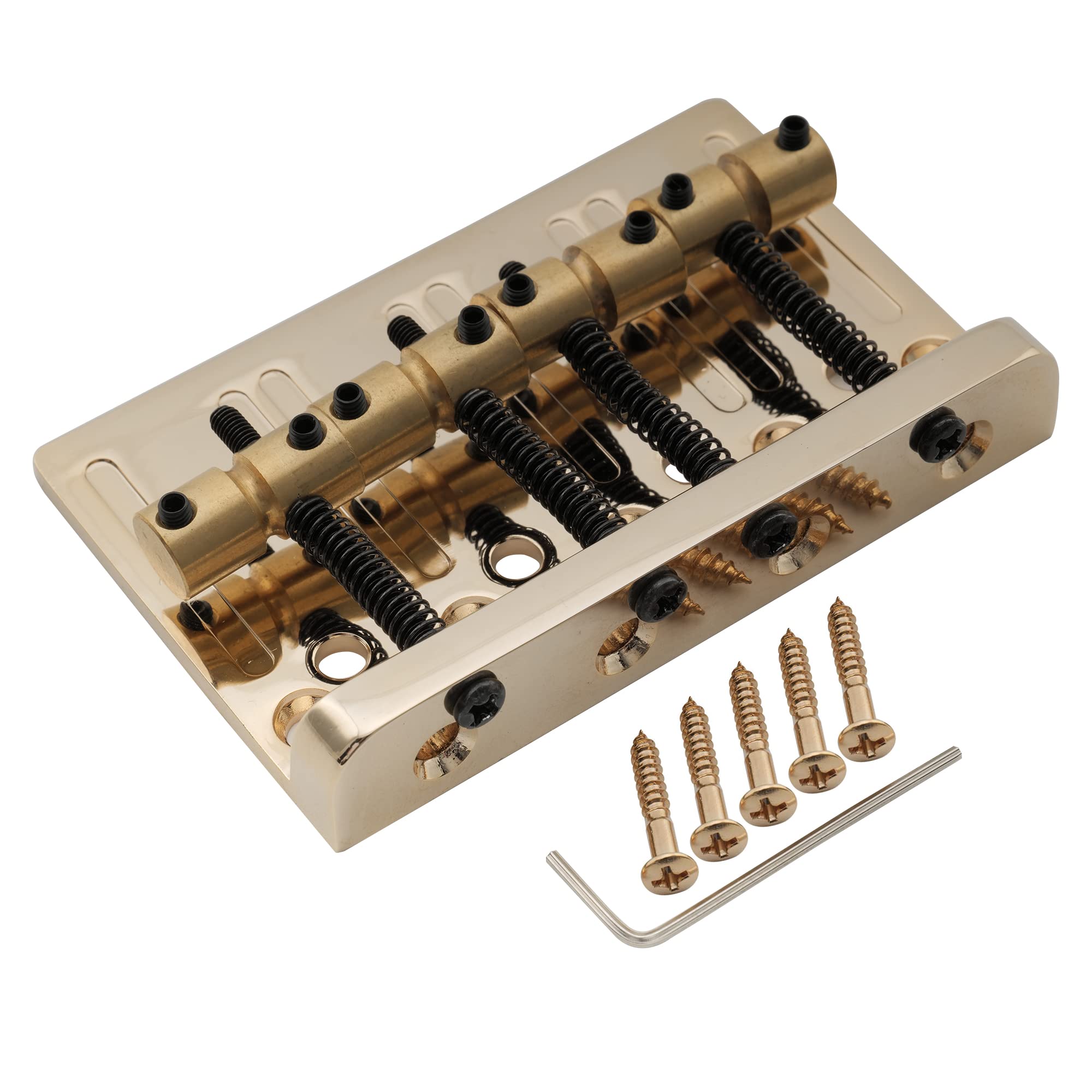 Musiclily Pro 19mm 4-String Bass Hardtail Bridge with Brass Saddles and Steel Plate, Gold