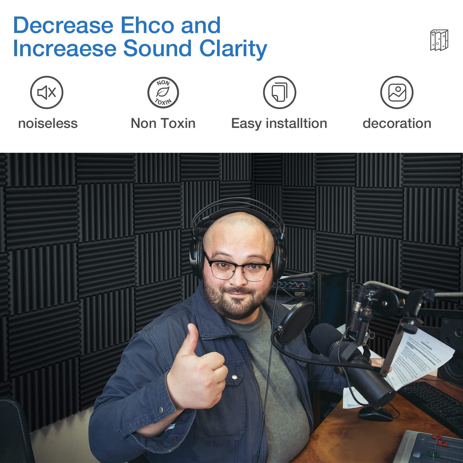 12 Pack Acoustic Panels Self-Adhesive, 1'' X 12'' X 12'' Quick-Recovery Sound Proof Foam Panels, Acoustic Foam Wedges High Densi