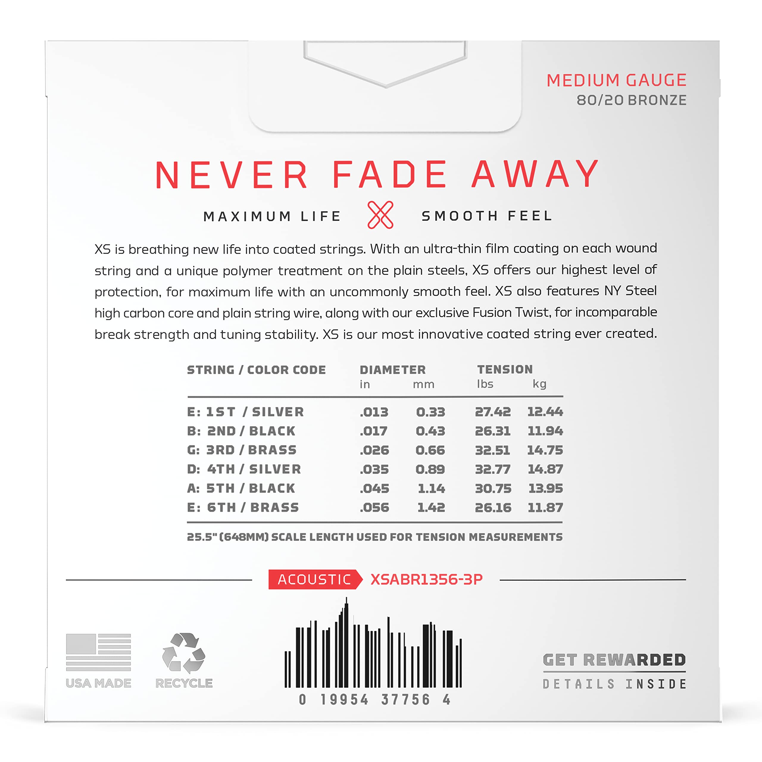 D'Addario Acoustic Guitar Strings, XS 80/20 Bronze Coated, XSABR1356-3P, Medium Gauge 13-56, 6-String Set, Pack of 3