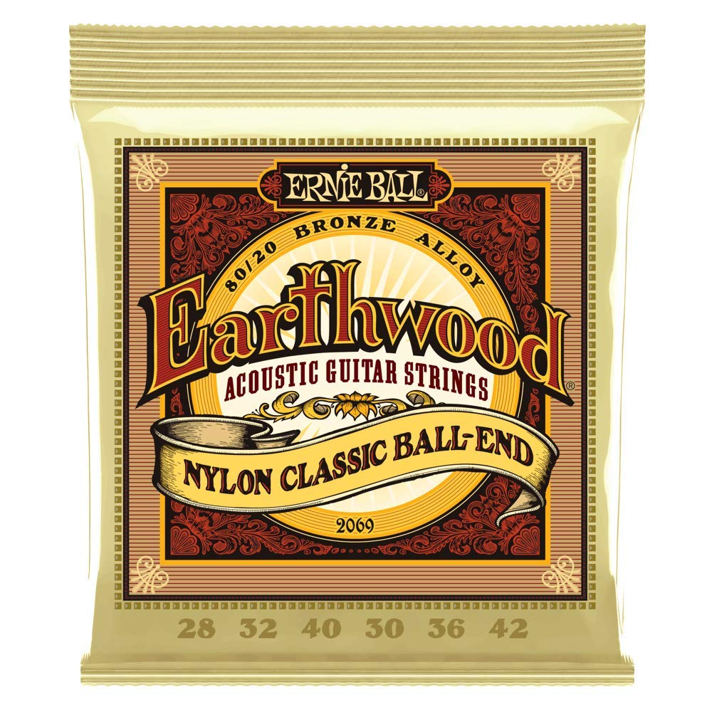 Ernie Ball Folk Nylon Clear & Gold Ball-End 8020 Bronze Acoustic Guitar Strings, 28-42 Gauge (P02069)