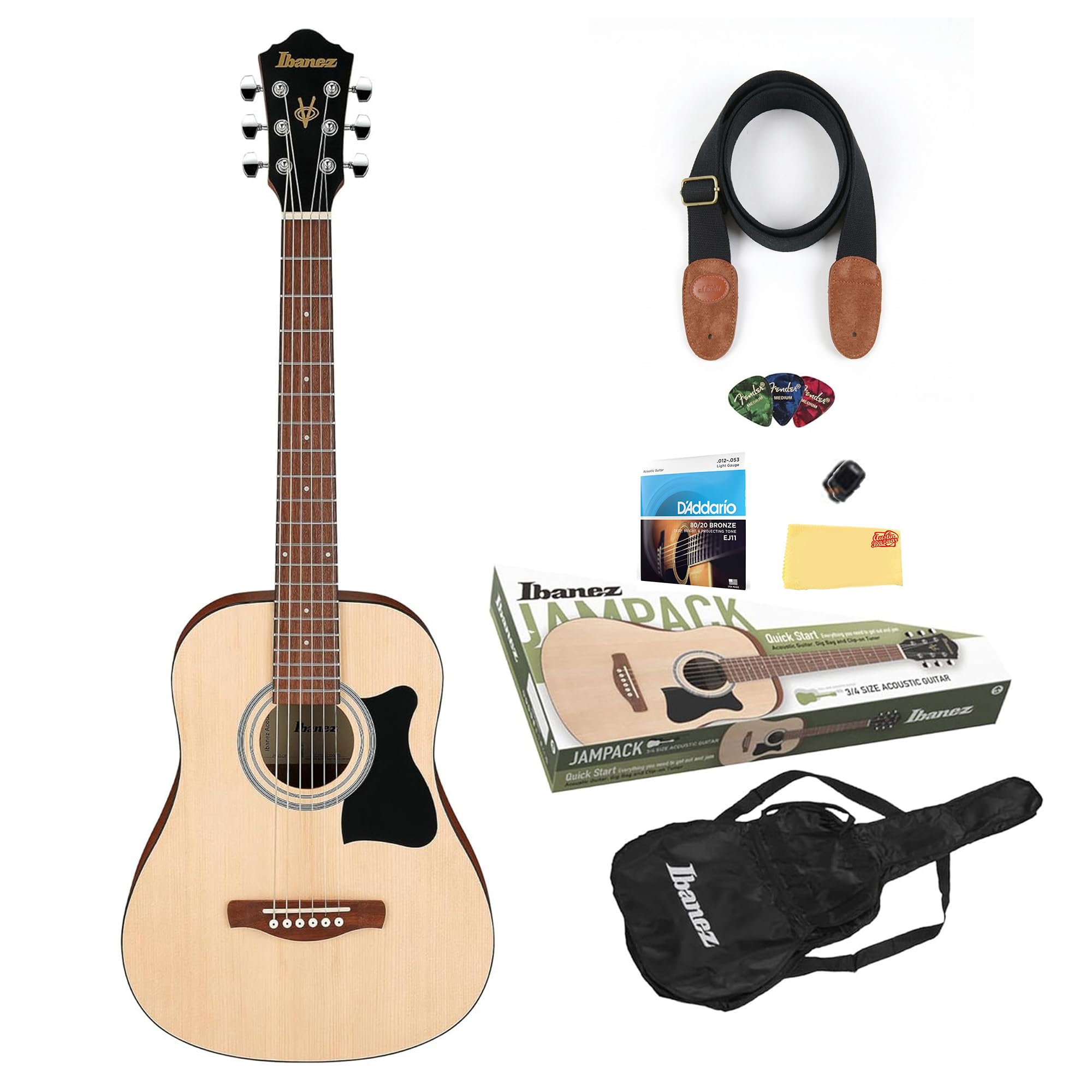 Ibanez IJV30 JamPack 3/4-Size Mini Dreadnought Acoustic Guitar Pack - Open Pore Natural Bundle with Gig Bag, Tuner, Strings, Pou