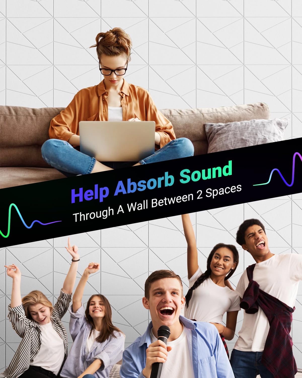 Topnaca 18 Pack Soundproof Wall Panels, Self Adhesive Sound Proof Foam Panels for Walls 12''x12''x0.4'', Dynamic Line Acoustic P