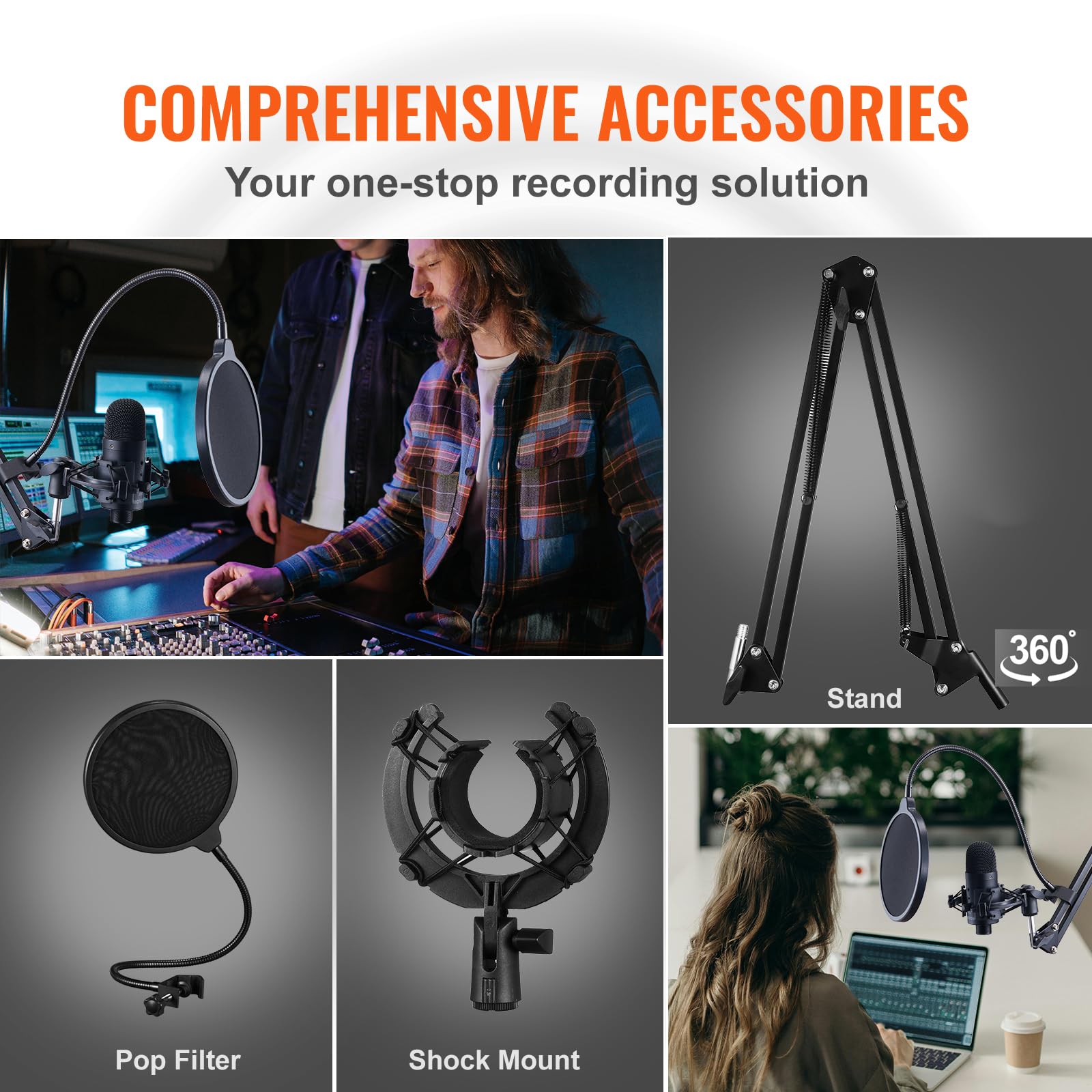 VEVOR USB Microphone, 192kHz/24-bit, Professional Condenser Microphone Kit, with Boom Arm Stand Pop Filter Shock Mount Mute Butt