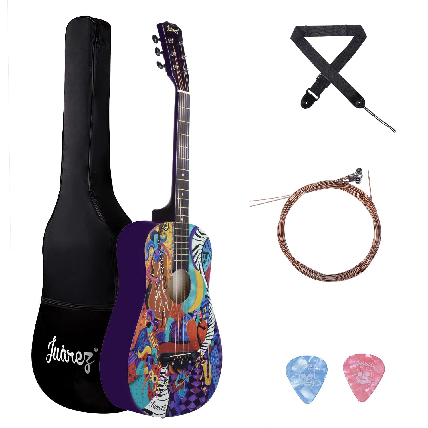 Jurez Acoustic Guitar, 38 Inch Cutaway, 038C with Bag, Strings, Pick and Strap, Black (Acoustic Guitar Kit, FUNKY)