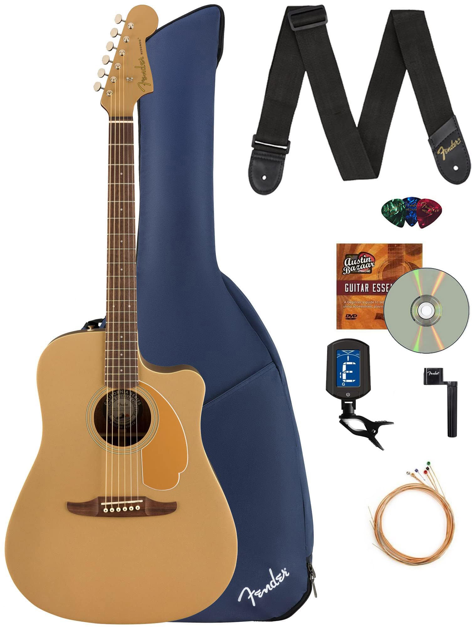 Fender Redondo Player Acoustic Electric Guitar Bundle With Midnight Blue Gig Bag, Strap, Clip-On Tuner, Strings, String Winder,