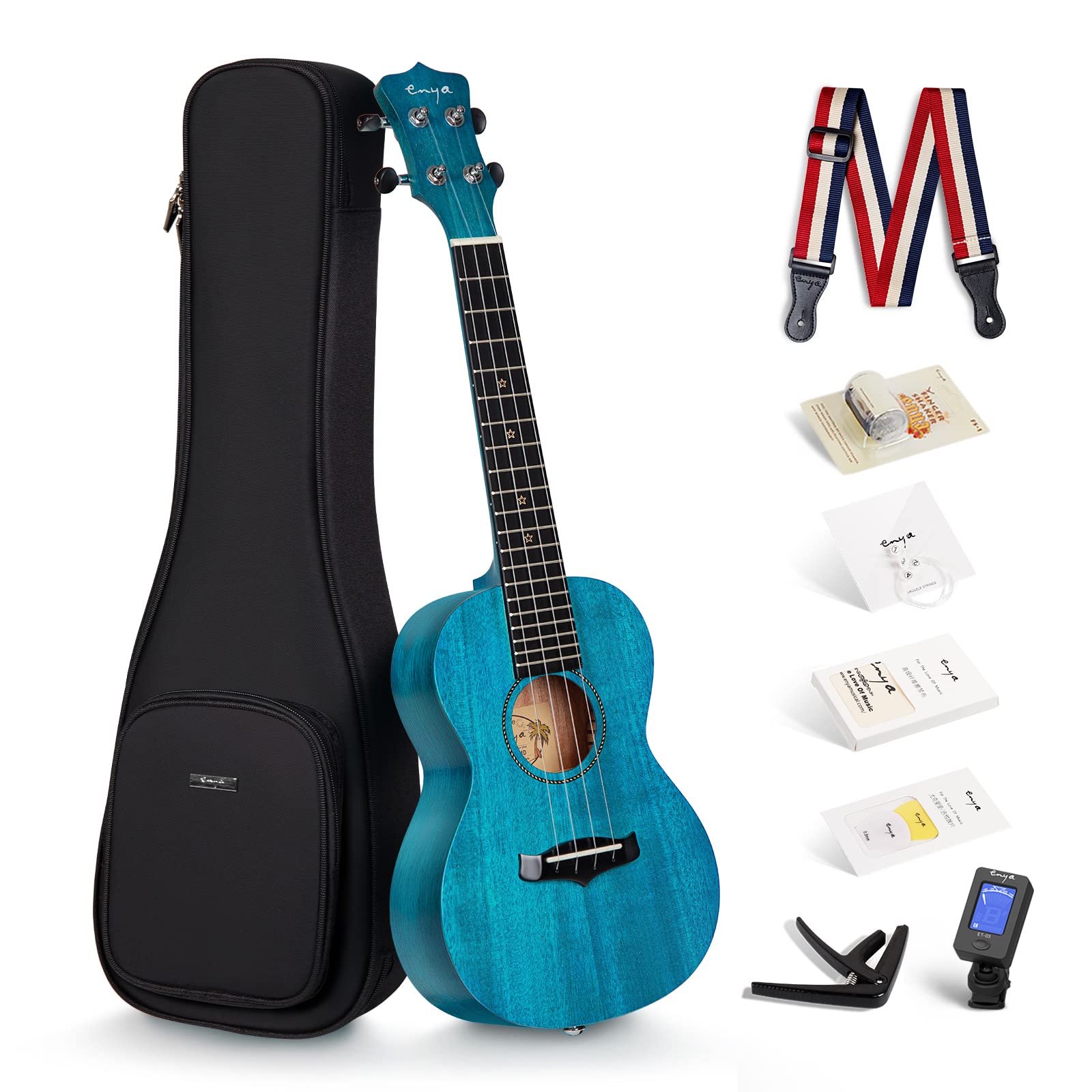 Enya Concert Ukulele EUC-25D 23 Inch Solid Mahogany Top - Beginner Kit with Case, Tuner, Strap, Strings, Capo, Sand Shaker, Pick