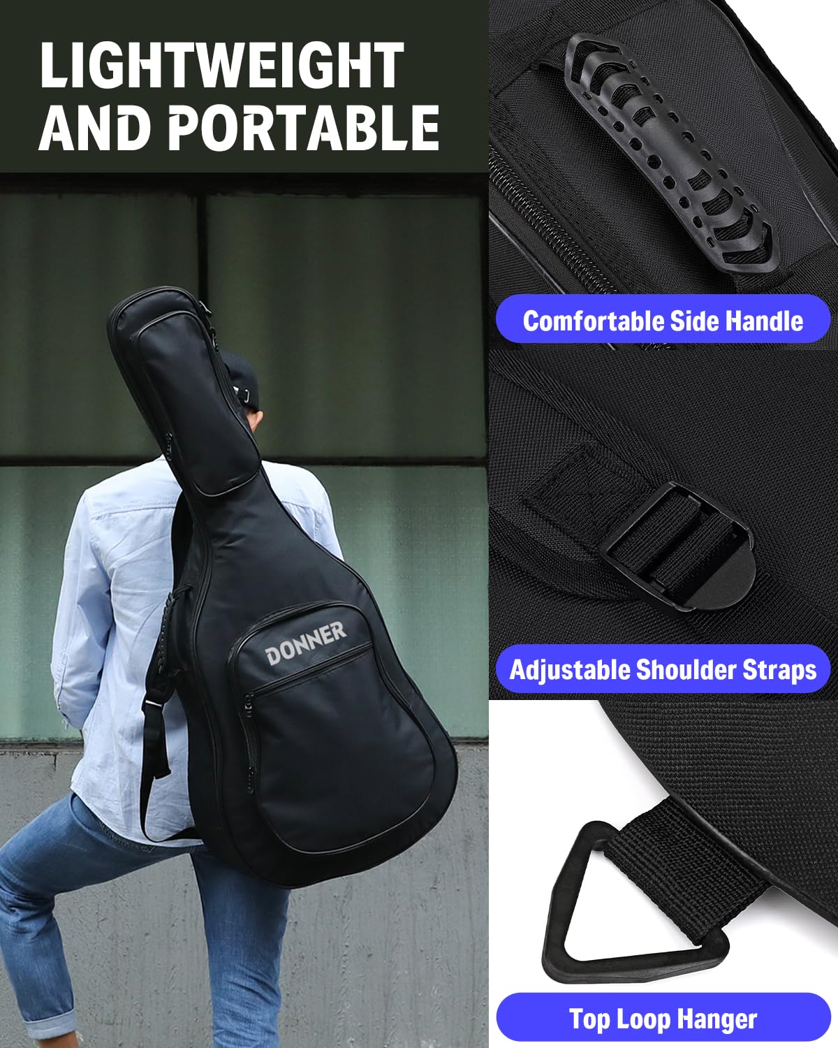 Donner 40 41 Inch Acoustic Guitar Bag, 0.4 Inch Thick Padding Waterproof Guitar Case Gig Bag Adjustable Shoulder Strap with Back