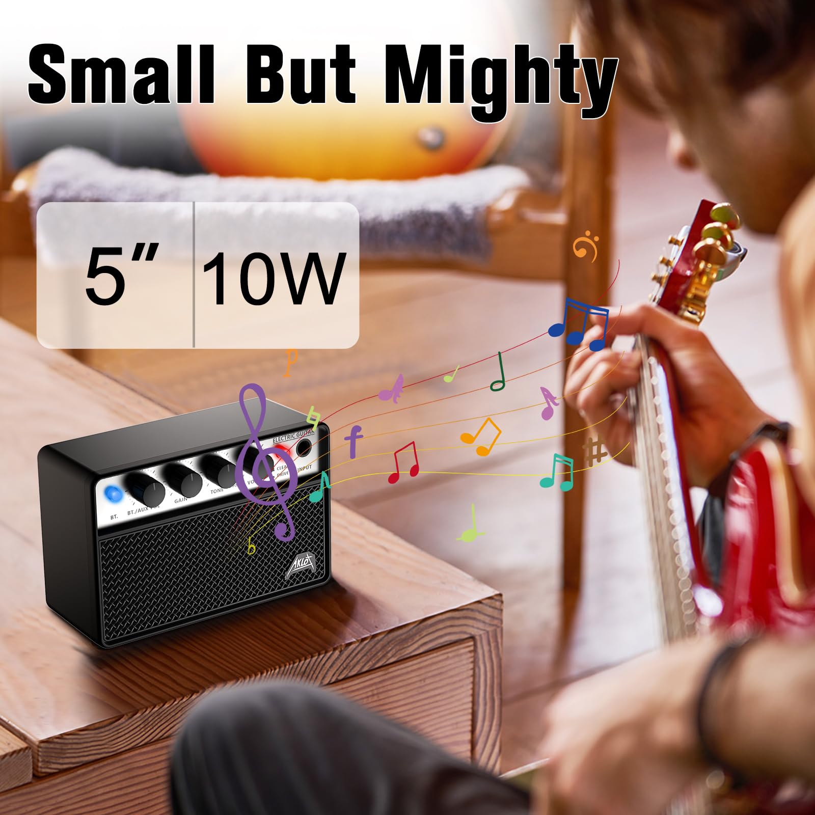 AKLOT Mini Bass Amp Small Bass Guitar Amplifier 10W Portable Recharged Electric Bass Amp BT Speaker with Dual Channel & Aux in J