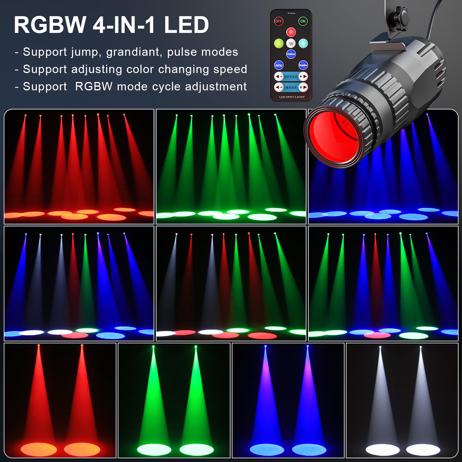 10W RGBW 4 in 1 Mini Pinspot Light Remote Control Spotlight Super Bright Beam Pin Spot Light Disco Ball Light Jump Gradual Breat