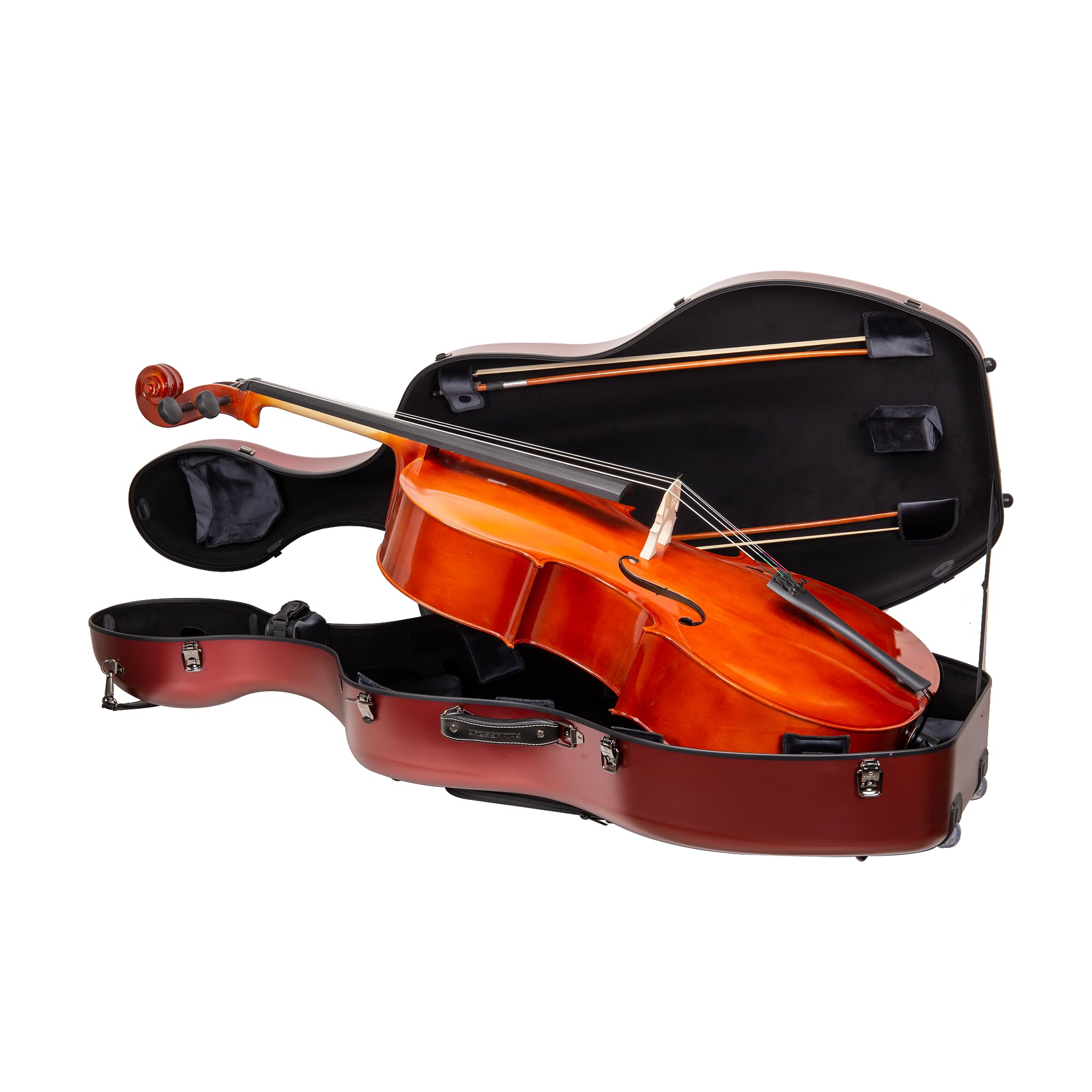 Crossrock Poly Carbon Cello Case for 4/4 Full Size | Red Matte Finish, Black Velvet Interior, Wheels, Music Pouch - Lightweight 