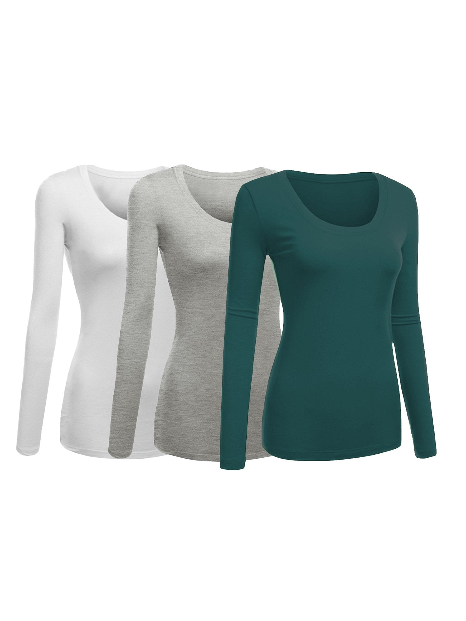 Emmalise Womens Junior And Plus Size Basic Scoop Neck Tshirt Long Sleeve Tee, 2Xl, 3Pk White, Hgray, Green Teal
