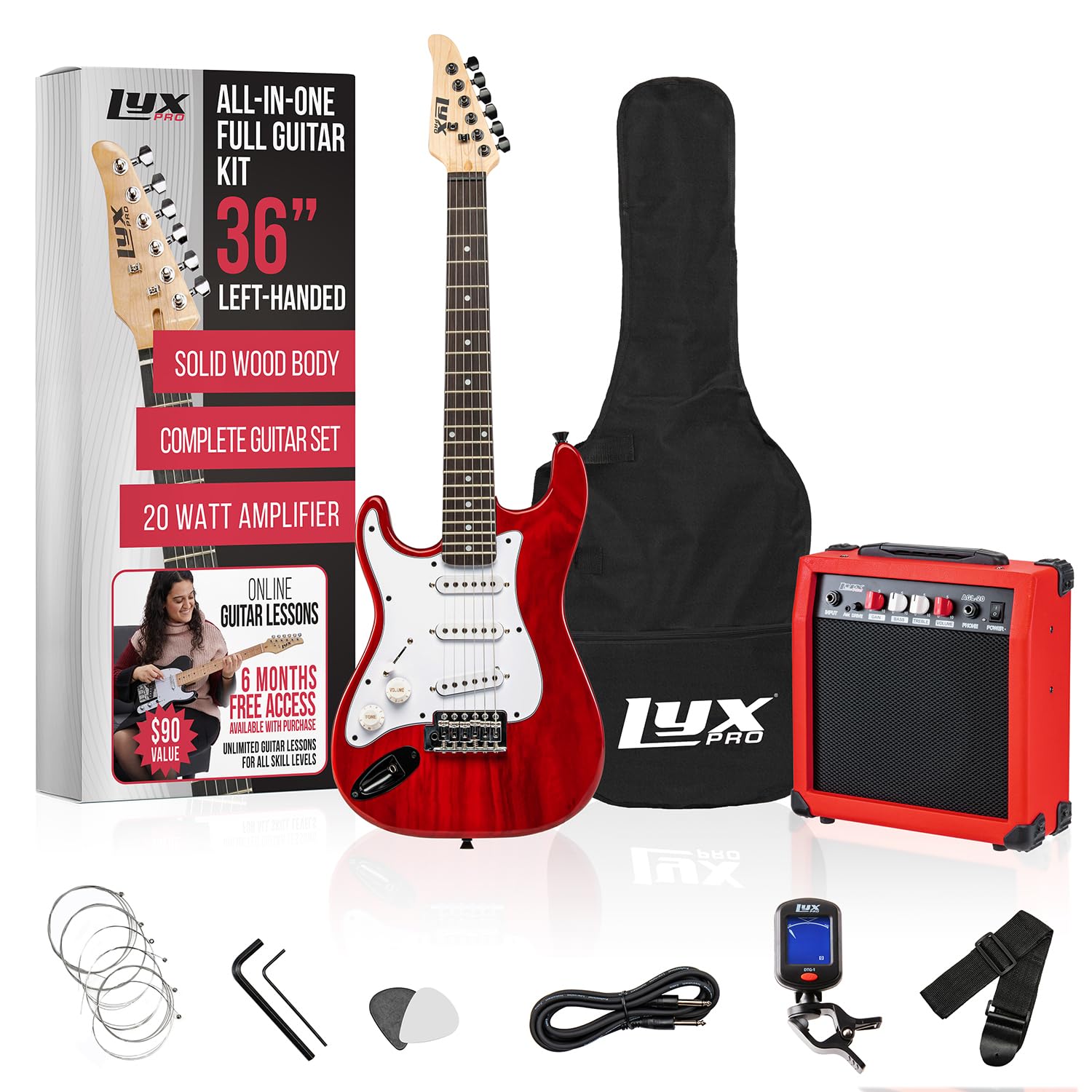 Lyxpro Left Hand 36 Inch Electric Guitar And Kit For Lefty Kids With 3/4 Size Beginners Guitar, Amp, Six Strings, Two Picks, Sho
