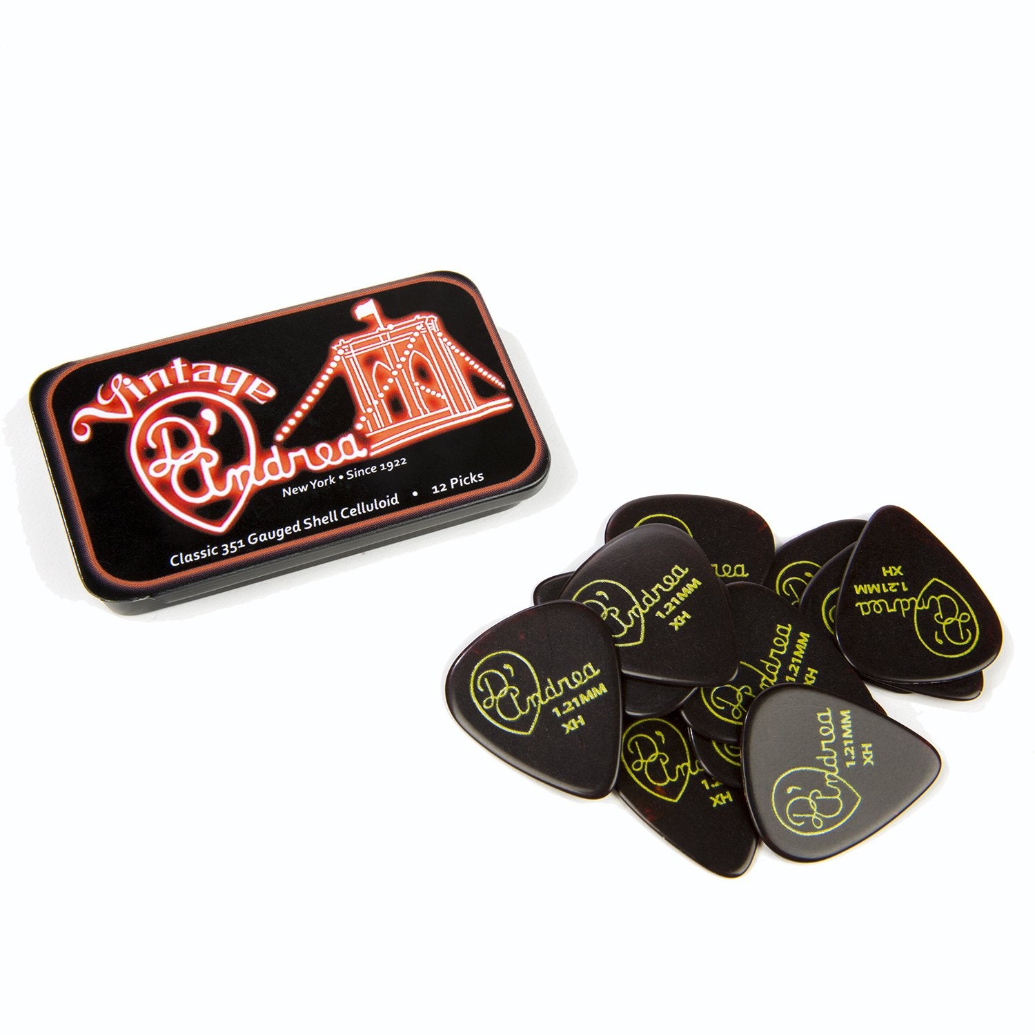 D'Andrea Tnvsx Guitar Picks, 12-Piece, Collectible Tin, Shell, Extra Heavy