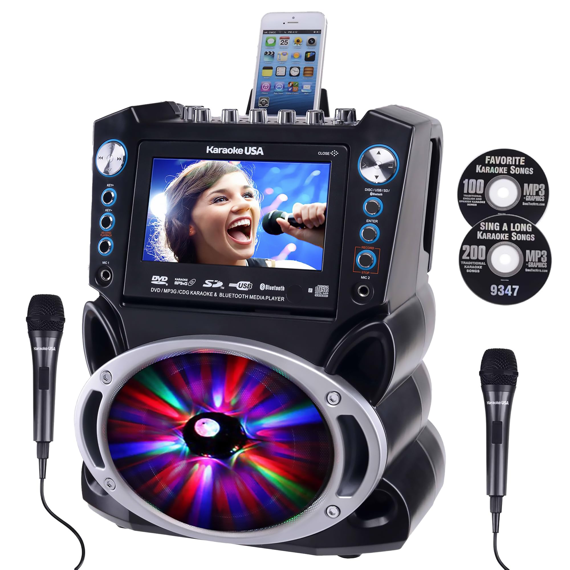 Karaoke Machine with Lyrics Display 7 Screen. CD+G, DVD, MP3+G, MP3, CD & USB. Wireless Bluetooth Speaker with LED Disco Lights.