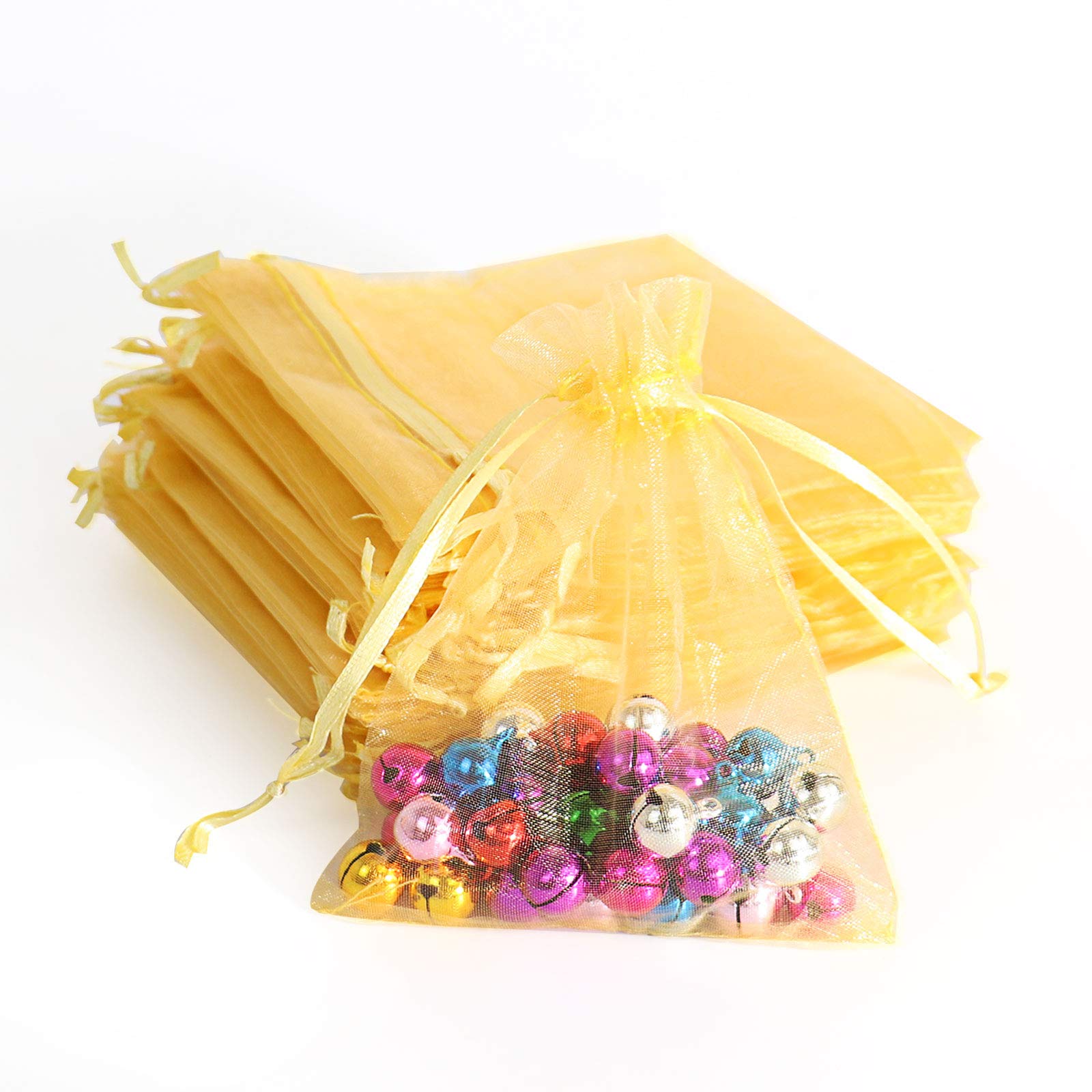 Lautechco 100Pcs Organza Bags 5X7 Inches Golden Organza Gift Bags Small Mesh Bags Drawstring Gift Bags Christmas Drawstring Orga