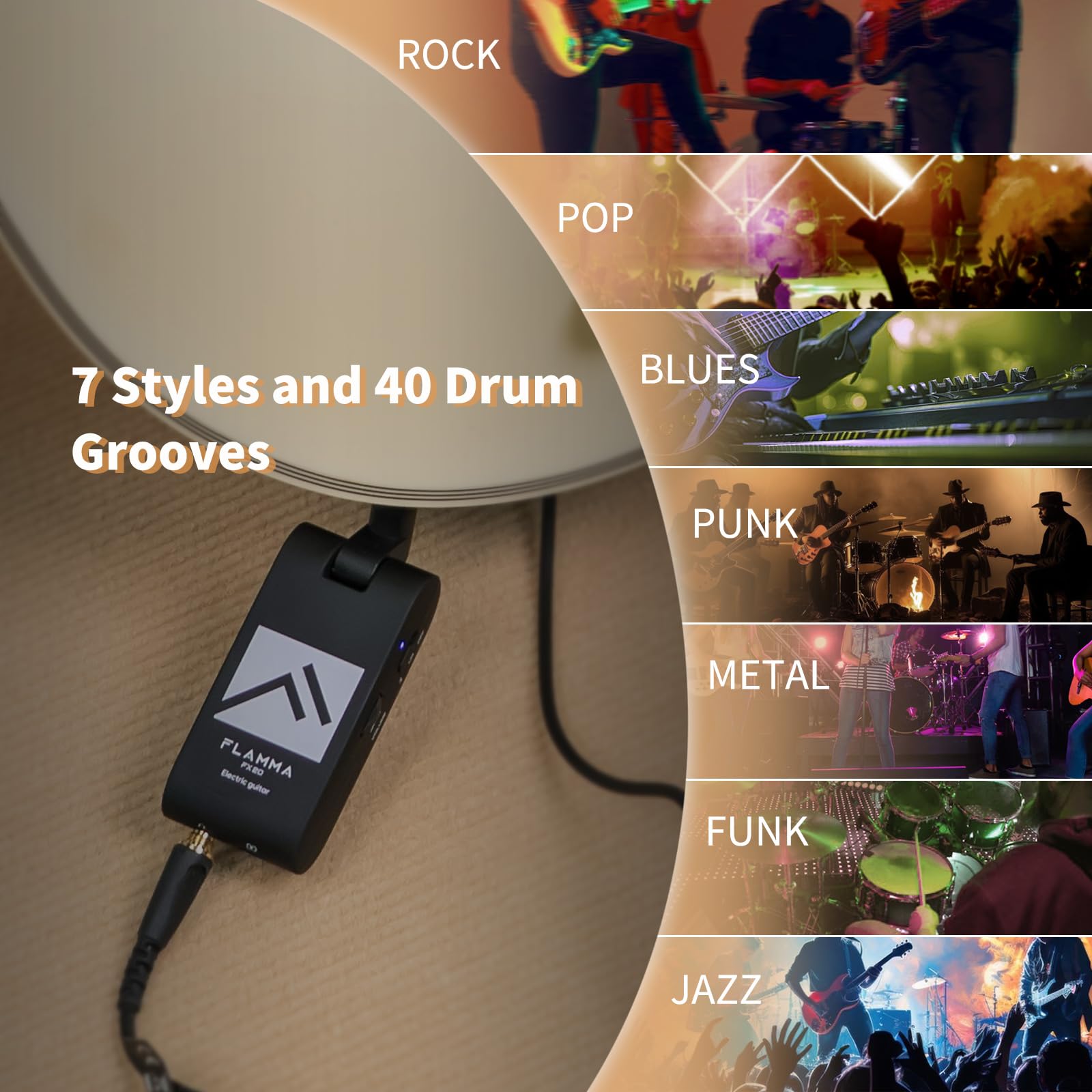 FLAMMA FX20 Guitar Headphone Amp with APP 40 Drum Grooves 52 Amp Modes 5 Delay 5 Reverb Effects 14 Modulations for Practice Reco