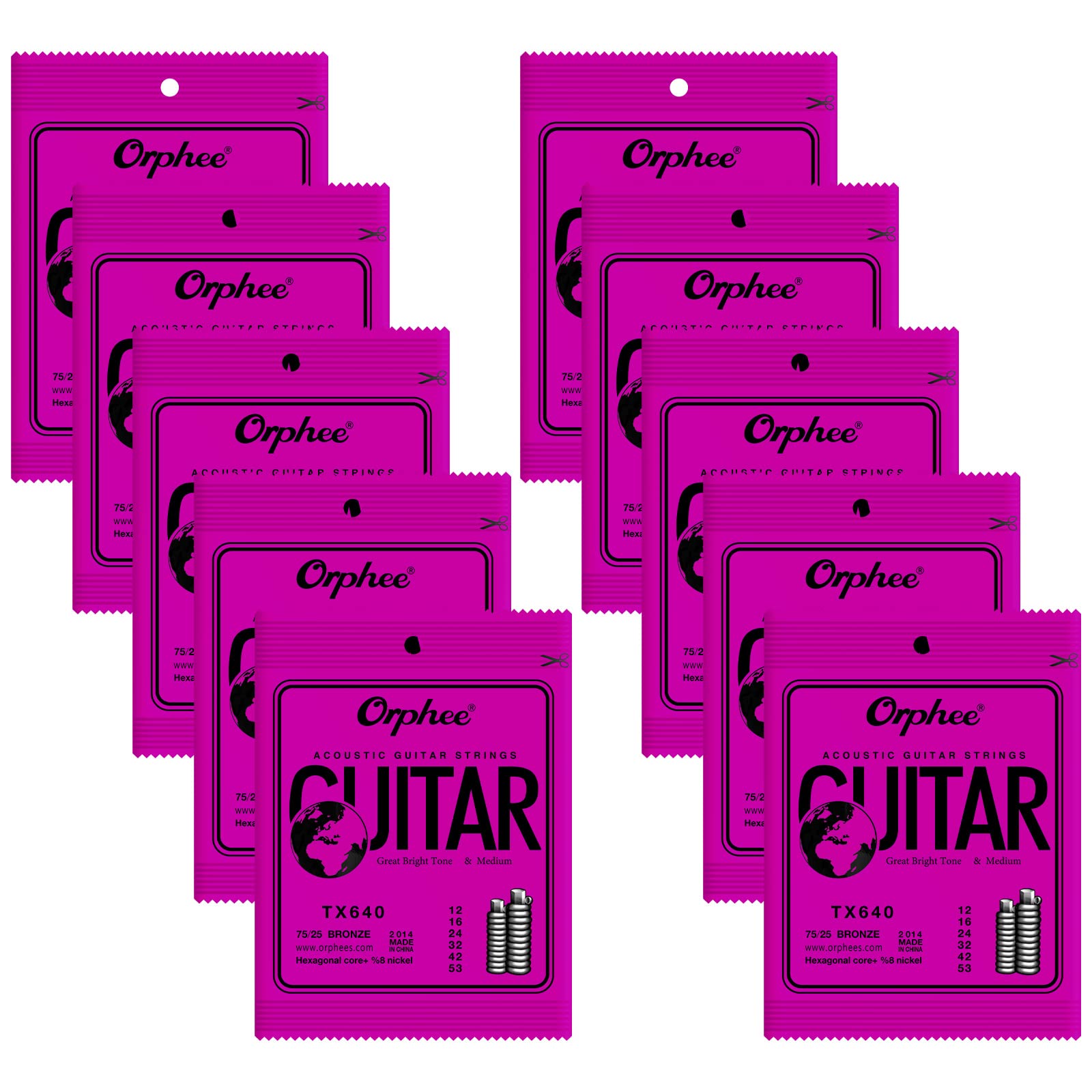 Pogolab Guitar Strings, Acoustic Guitar Strings, 6 Strings Set, Hexagonal Carbon Core 75/25 Bronze, Light, 12-53, 10 Packs