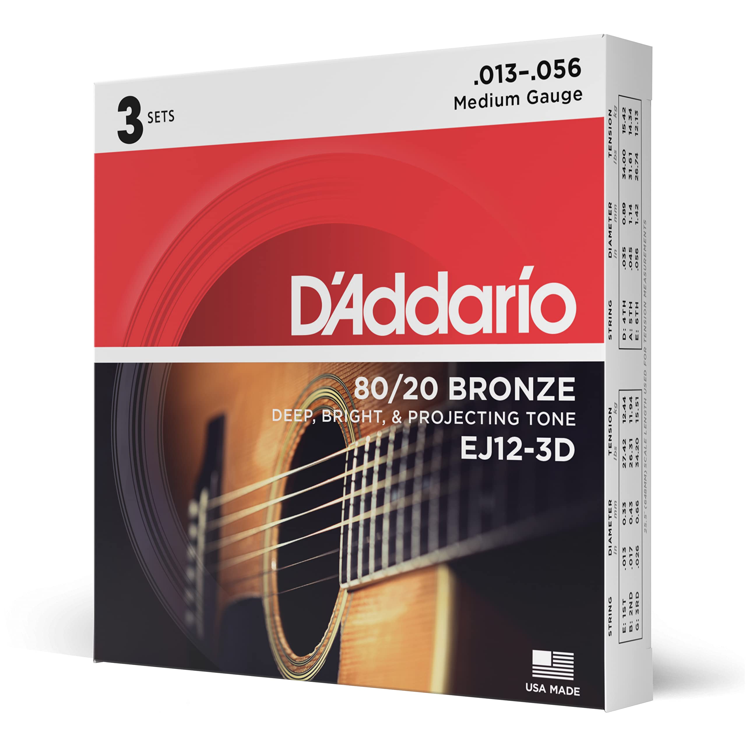 D'Addario Guitar Strings - Acoustic Guitar Strings - 80/20 Bronze - For 6 String Guitar - Deep, Bright, Projecting Tone - Ej12-3