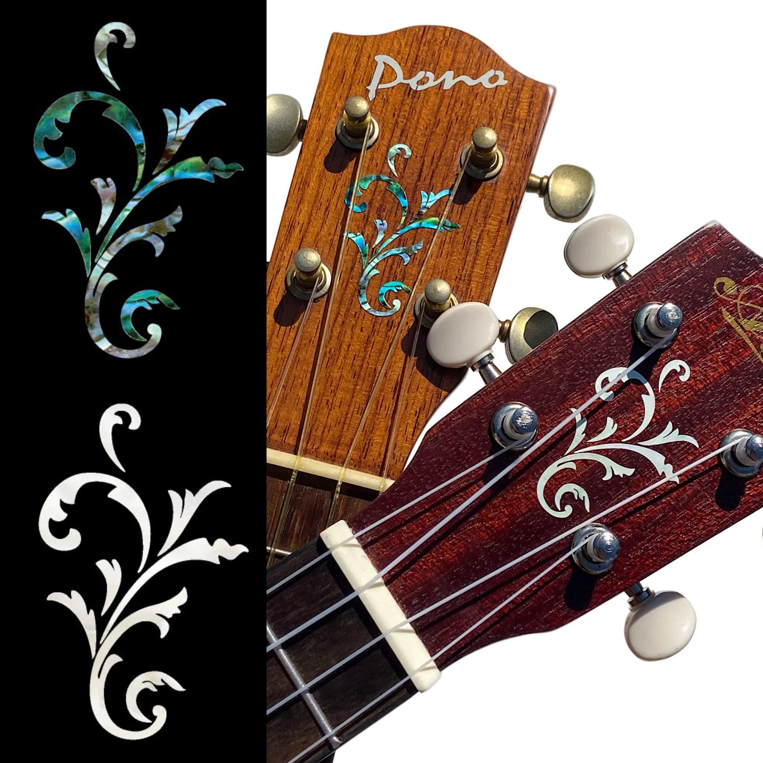 Inlay Stickers For Guitar Headstock - Small Vine (2Pcs Set) - White Pearl & Abalone Blue, H-131Sv-Az