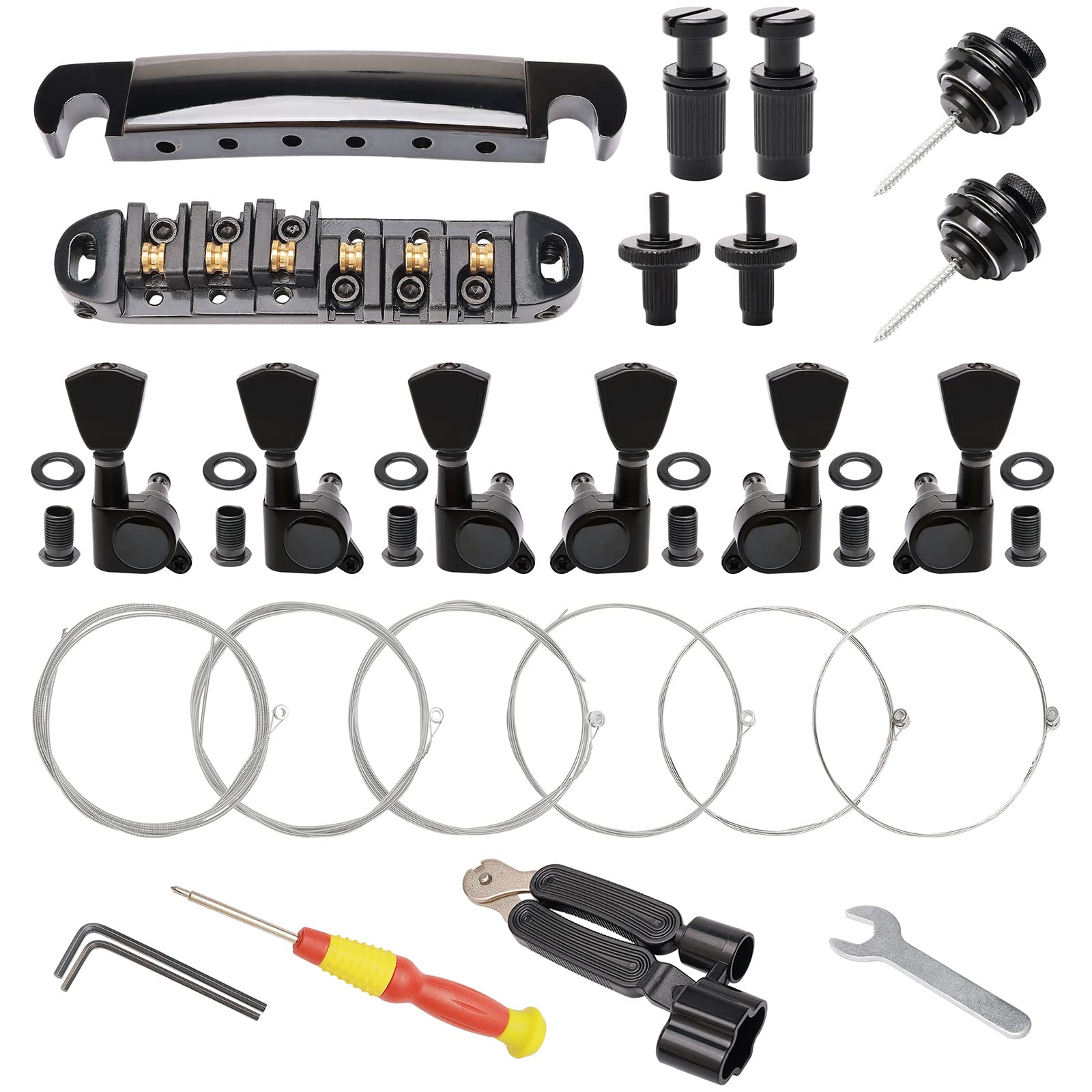 Unxuey Guitar Roller Saddle Tune-O-Matic Guitar Bridge And Tailpiece For Lp Electric Guitar, With 3L3R String Tuning Pegs, 6Pcs