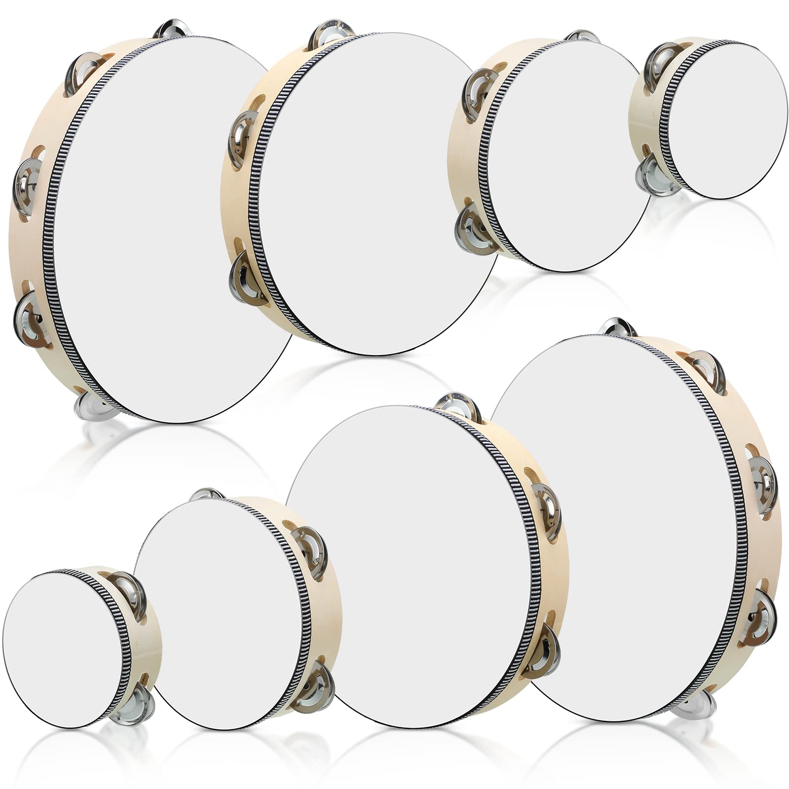 Reginary 8 Pcs Tambourine for Adults Handheld Wood Tambourine 4 Size Single Row Metal Jingles Musical Educational Gift Rhythm Pe