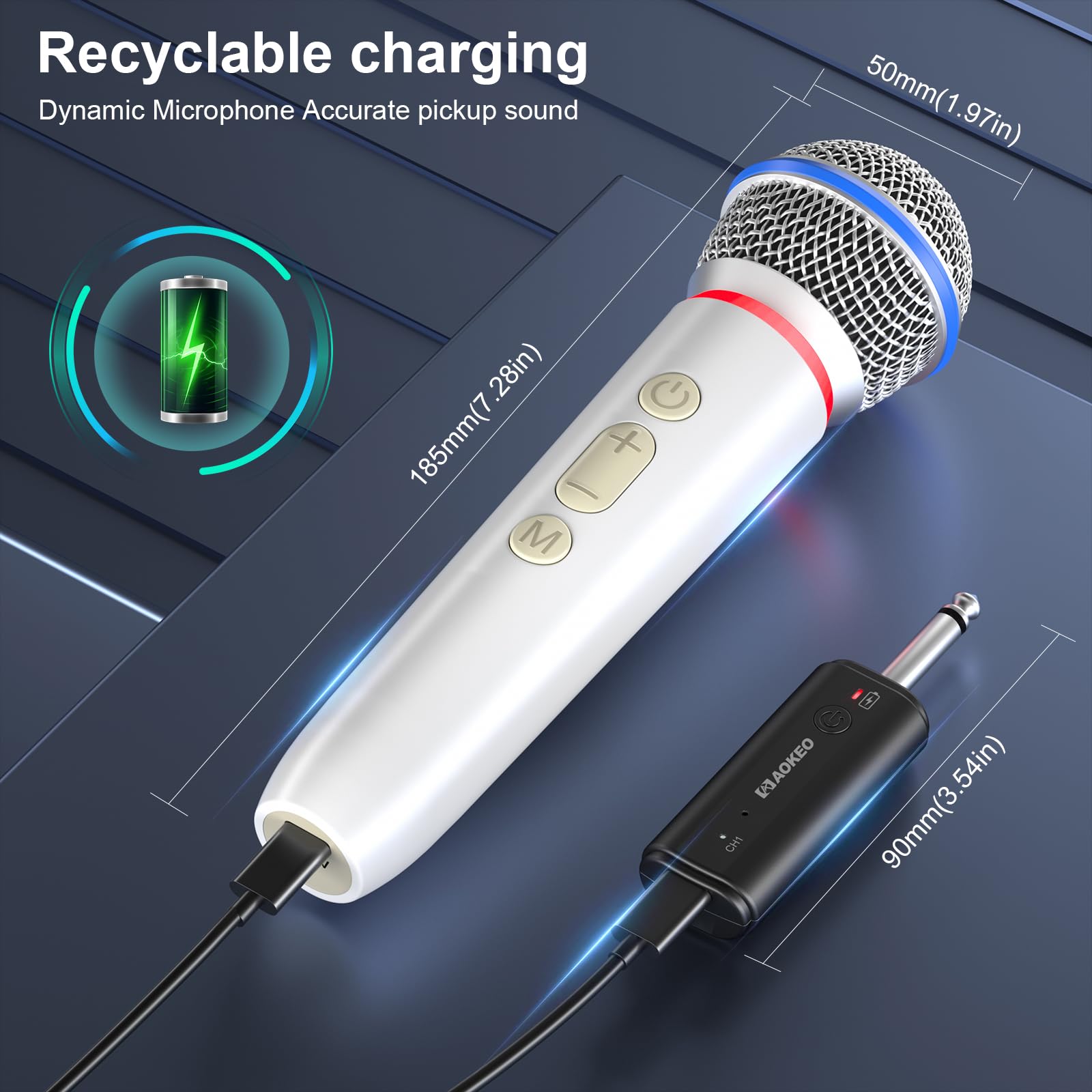 Aokeo Wireless Microphone with Rechargeable Receiver,UHF Dynamic Handheld Karaoke Mic,100ft Range, for Amplifier Speaker, Mixer,