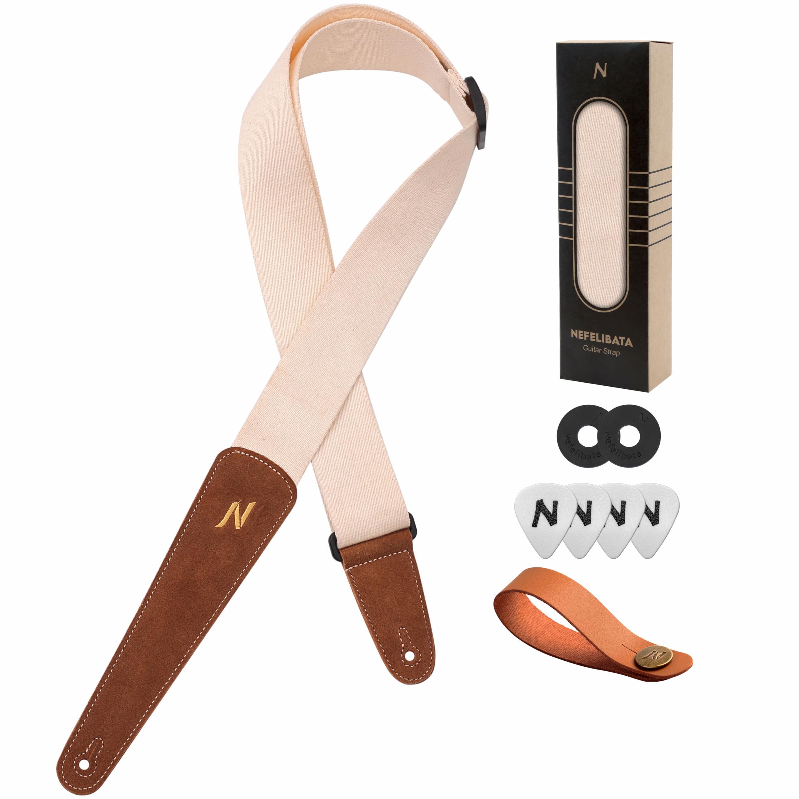 Nefelibata Guitar Strap Cotton, with Extended Soft Brown Suede Leather Guitar Strap for Acoustic Guitar, Electric Guitar, Bass, 
